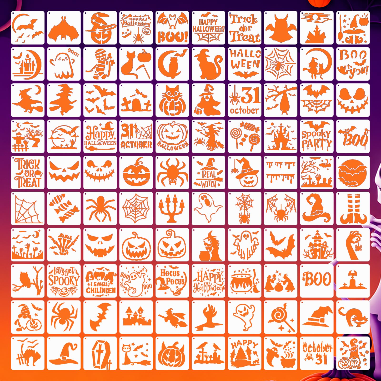 100PCS 3 Inch Halloween Stencils for Painting, Reusable Stencil Templates with Pumpkin Ghost Bat Witch Spider Designs for Wood, Wall, Canvas, Cards, DIY Holiday Crafts