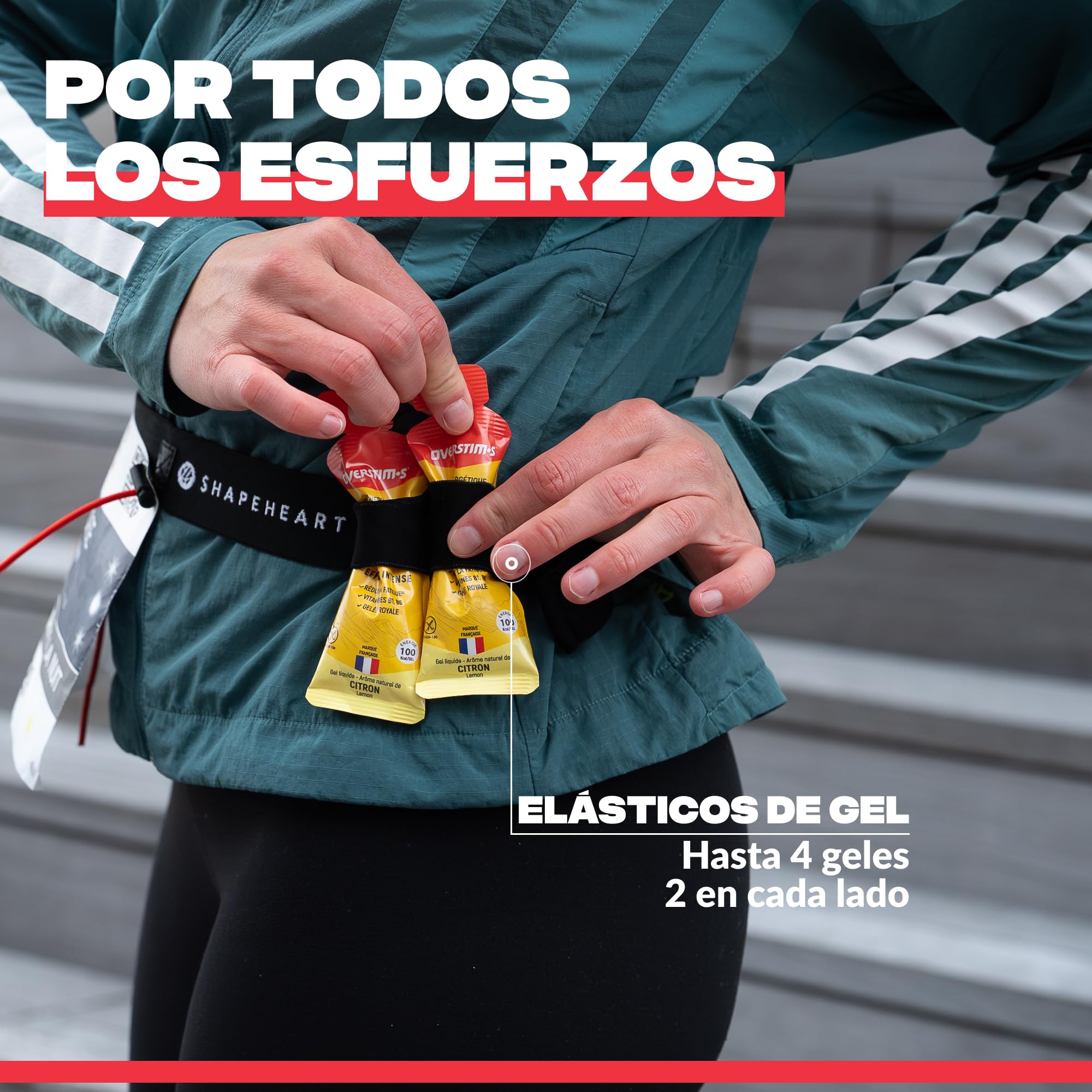 Shapeheart Cinturon Portador Dorsal Running 3 Cordones Ajustables 6 Portadores Geles Gancho Llaves Integrado