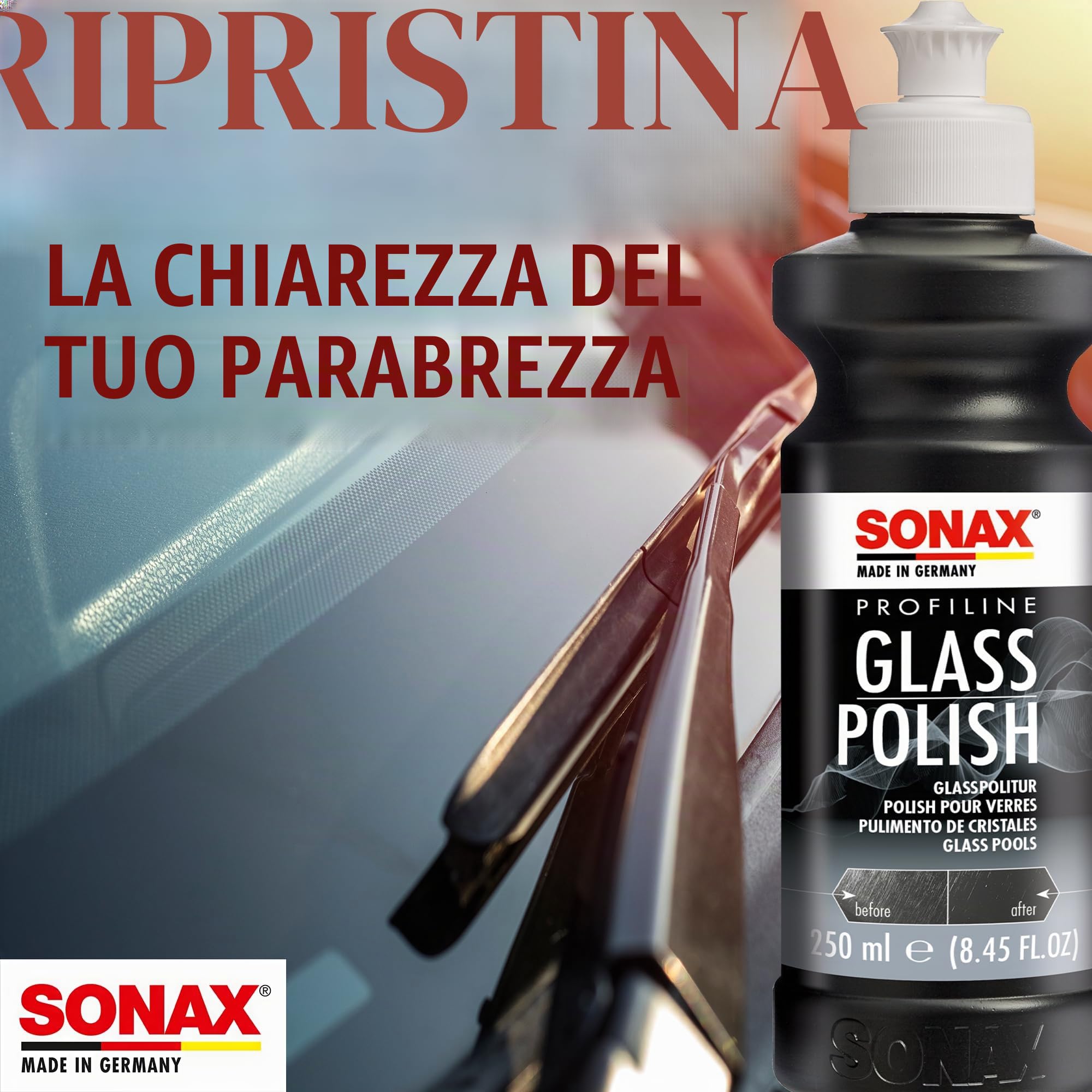 SONAX PROFILINE Lucidante vetro auto (250 ml) rimuove graffi leggeri e ossidazioni. Con ossido di cerio per superfici in vetro | Art. N. 02731410