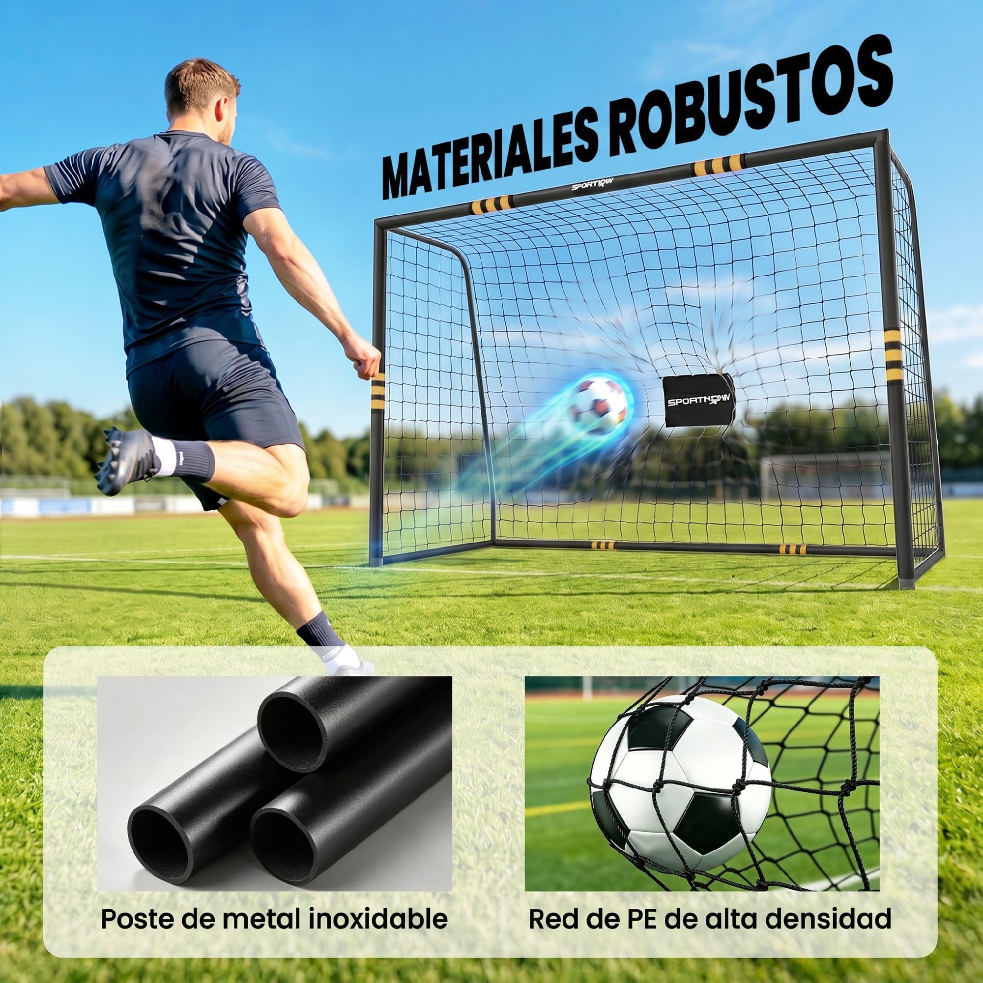 SPORTNOW Portería de Fútbol, con Red 300x120x200 cm Negro y Amarillo | Portería de Fútbol para Jardín, Piquetas de Suelo, Acolchado EPE, Estructura Metálica, Montaje Fácil, Interior y Exterior