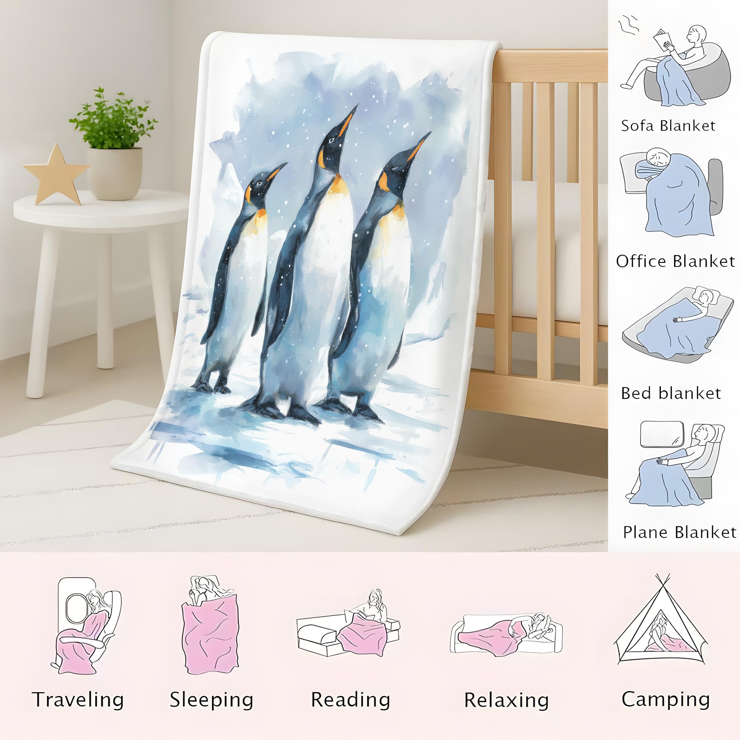 Generico Puszysty koc na sofę 150 x 200 cm, niebieski lód akwarela motyw kocyk prezenty dla mamy taty chłopak dziewczyna rodzina pingwin junior koce do domu sofa łóżko pokój dziecięcy
