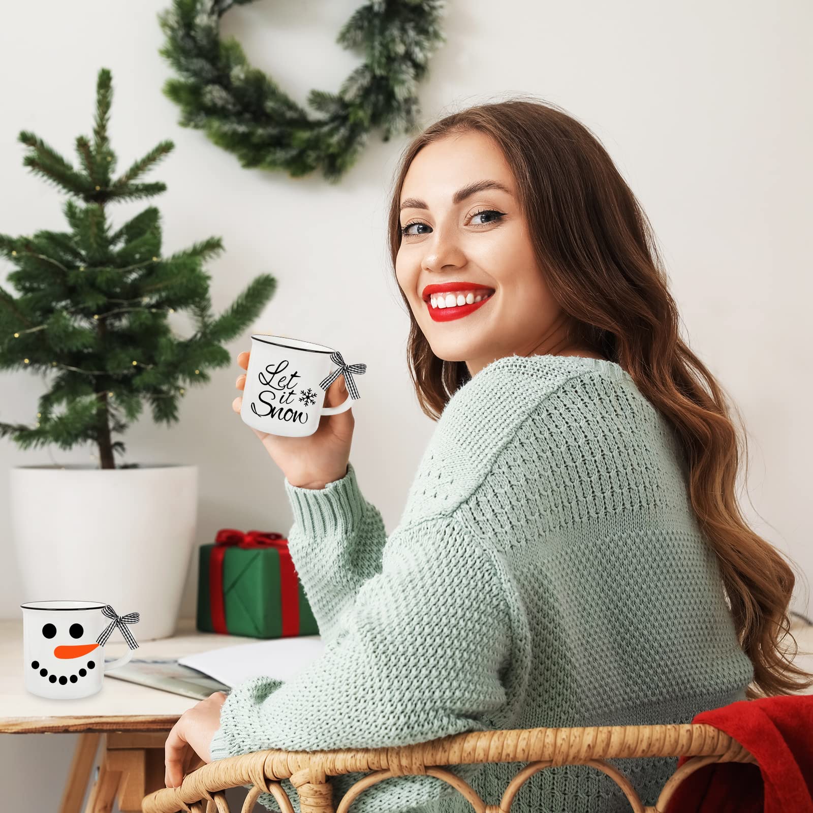 Whaline 6Pcs Winter Mini Coffee Mug with Ribbon Winter Funny Tiered Tray Decorations White Snowman Let it Snow Mini Drinking Mug for Winter Christmas Table Centerpieces Decorations Housewarming Gift