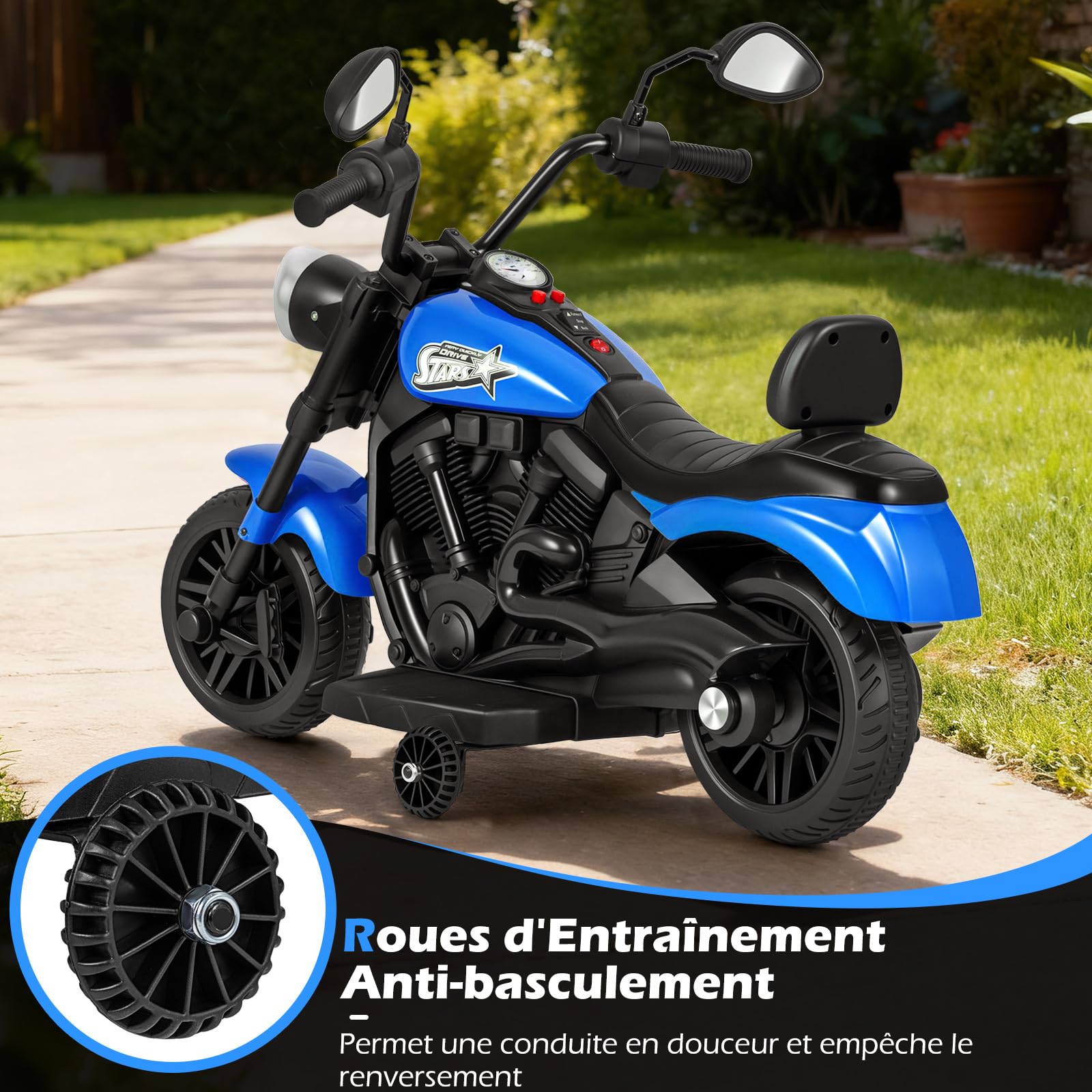 COSTWAY 6V Moto Électrique Enfant avec Musique et Phares LED, Voiture Électrique Enfant avec 2 Roues d'Entraînement Amovibles et Pédale, 2,4 km/h, Charge 30 kg pour 3 Ans+ (Bleu Marine)