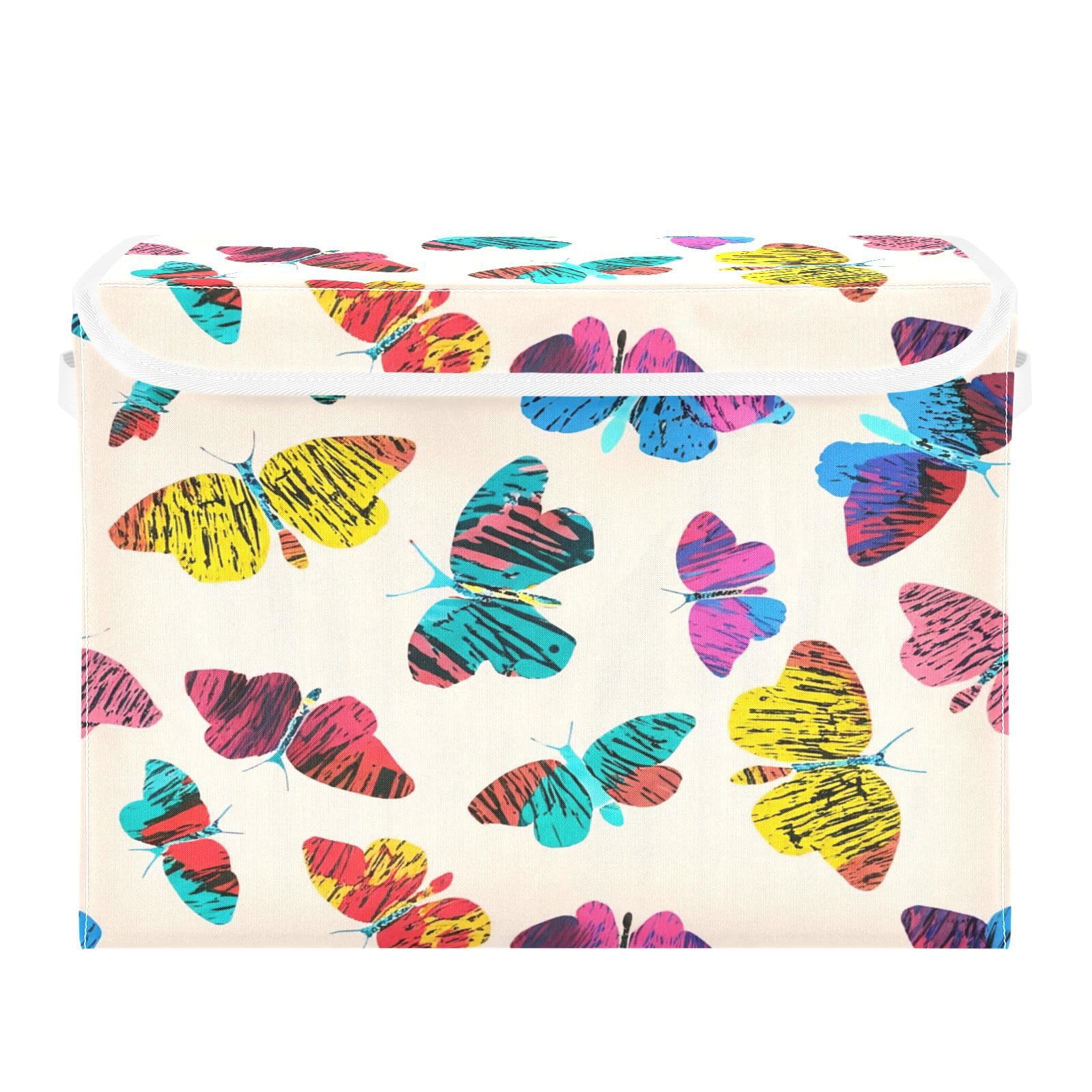 Ewusp Butterfly Fabric Storage Bin with Lid, Decorative Foldable Storage Basket with Handles, Stackable Closet Shelf Organiser Box for Clothes, Books, Bedroom, Living Room