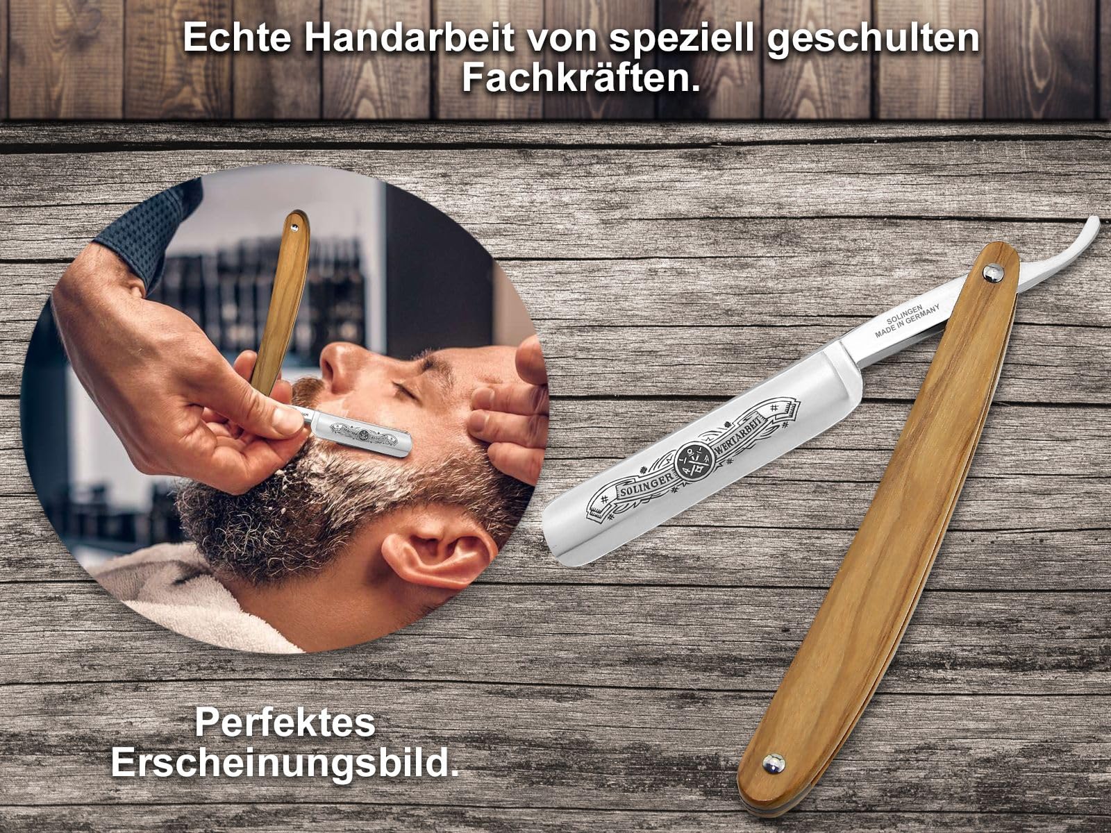 Solingen Rasiermesser-Set Profi Qualität für die sanfte Rasur - Premium Rasiermesser aus Solingen Olivenholz mit Lederriemen und Paste - Komplett Set als Herren Geschenk Set