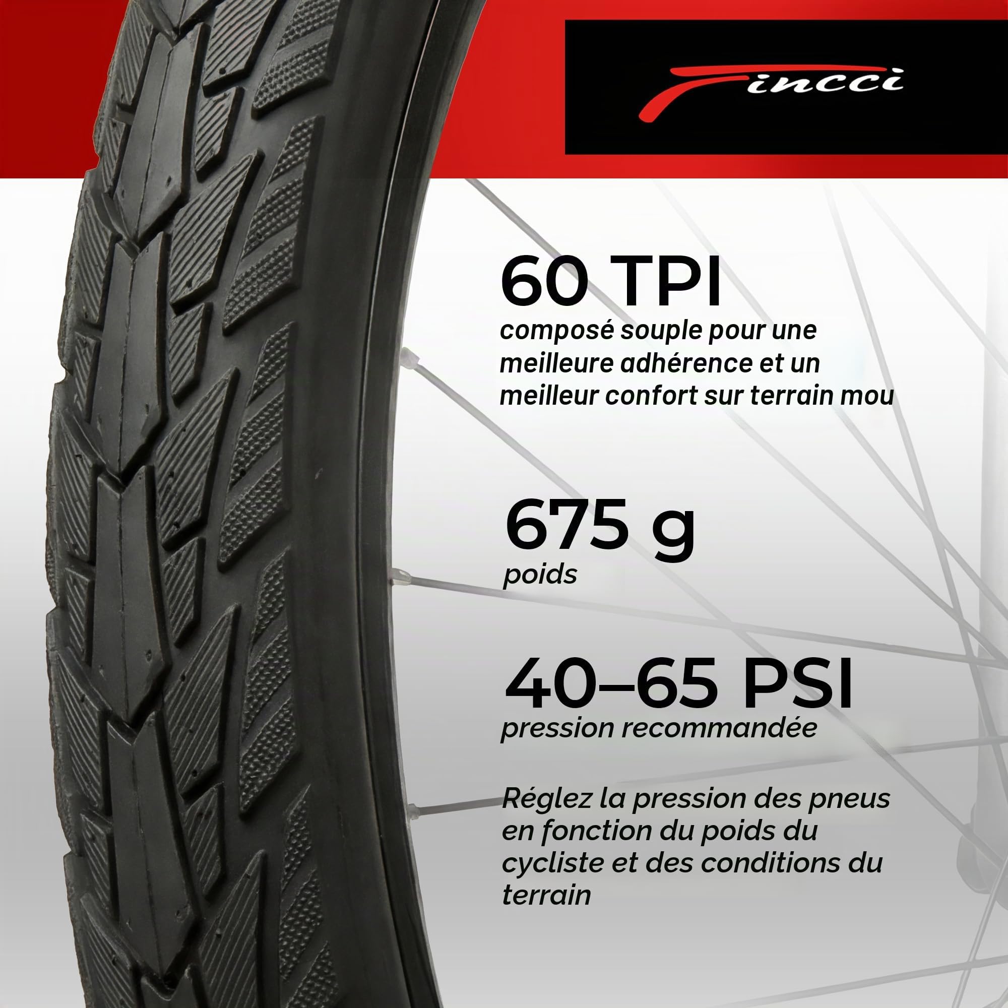 Fincci Pneu 700x45c Gros Crampons 47-622 Pliable avec Protection 60 TPI | Pneu VTC 700x45 avec 60 TPI et Pneu Vélo Anti Crevaison 28 x 1.75 pour une Pression de 40-65 PSI - Lot de 2