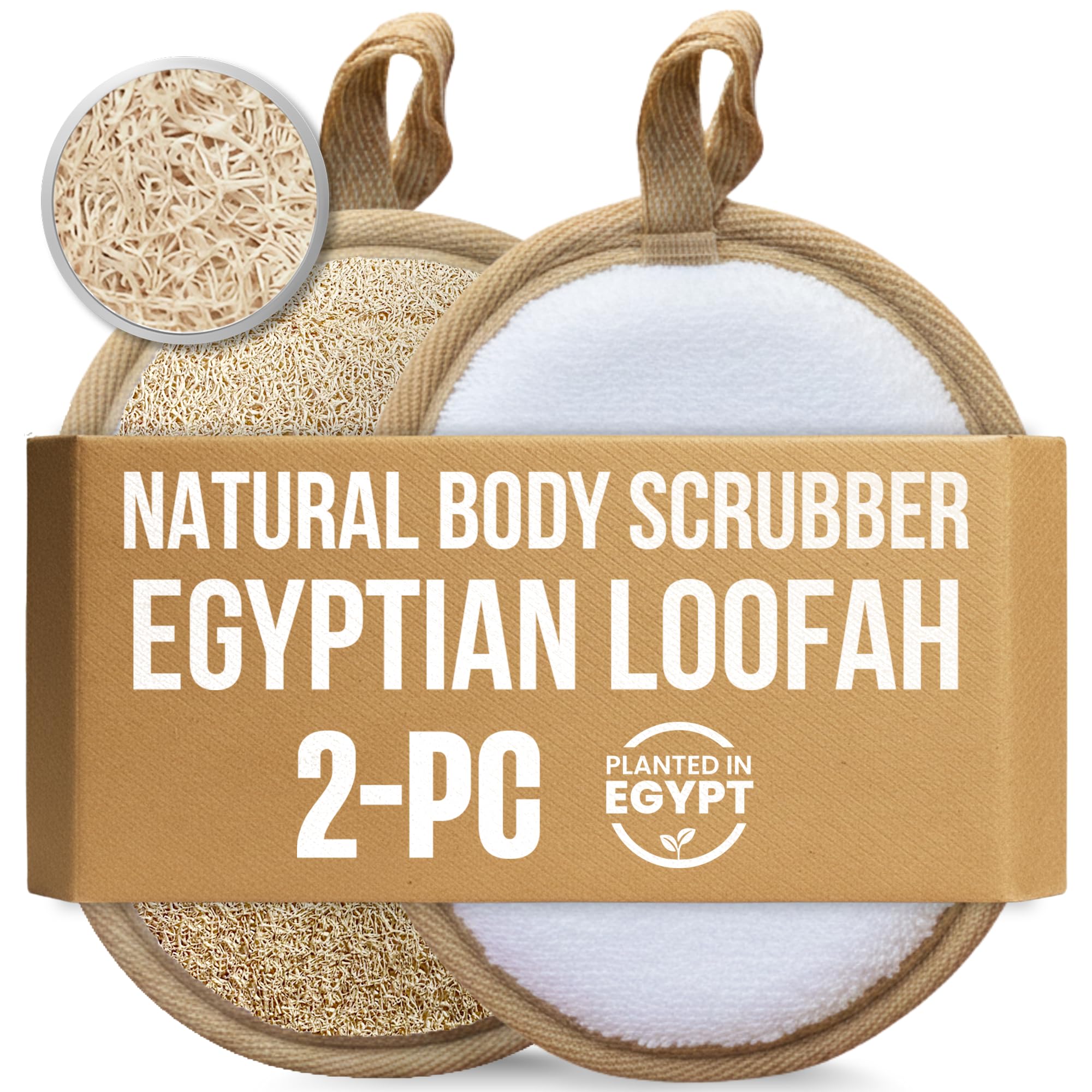 Egyptian Natural Loofah Pad Exfoliating Body Scrubber - Vegan Double Sided Luffa Sponges Deep Clean Your Body, Face & Back While an Exfoliating Washcloth Side Removes Oils - 6.9 x 4.7 Inches, 2 Pack