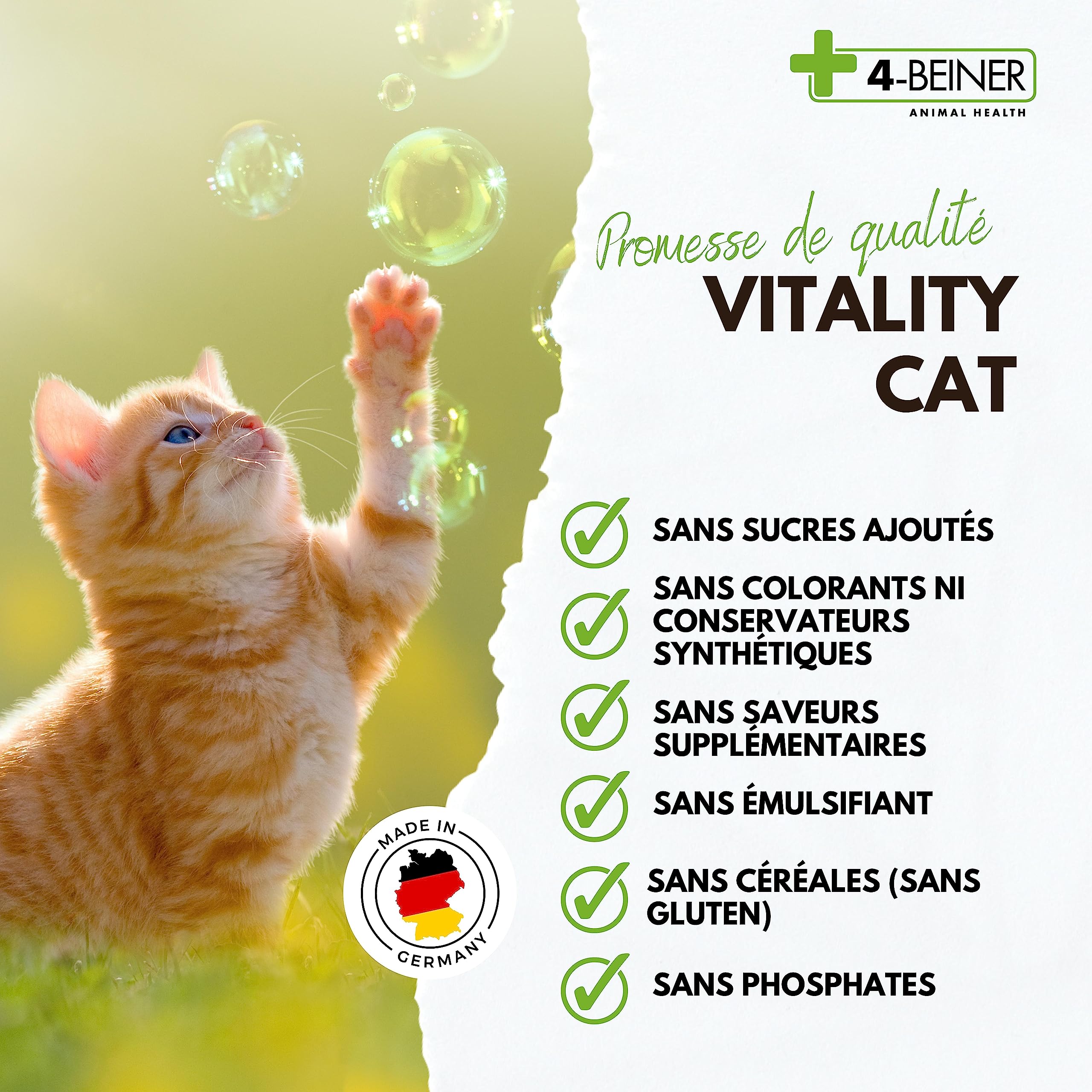 4-BEINER Vitality-Cat, 11 vitamines pour Chats Plus oméga 3, oméga 6, Zinc, sélénium, manganèse, cuivre, Fer, Taurine, multivitamines Chat, Poudre