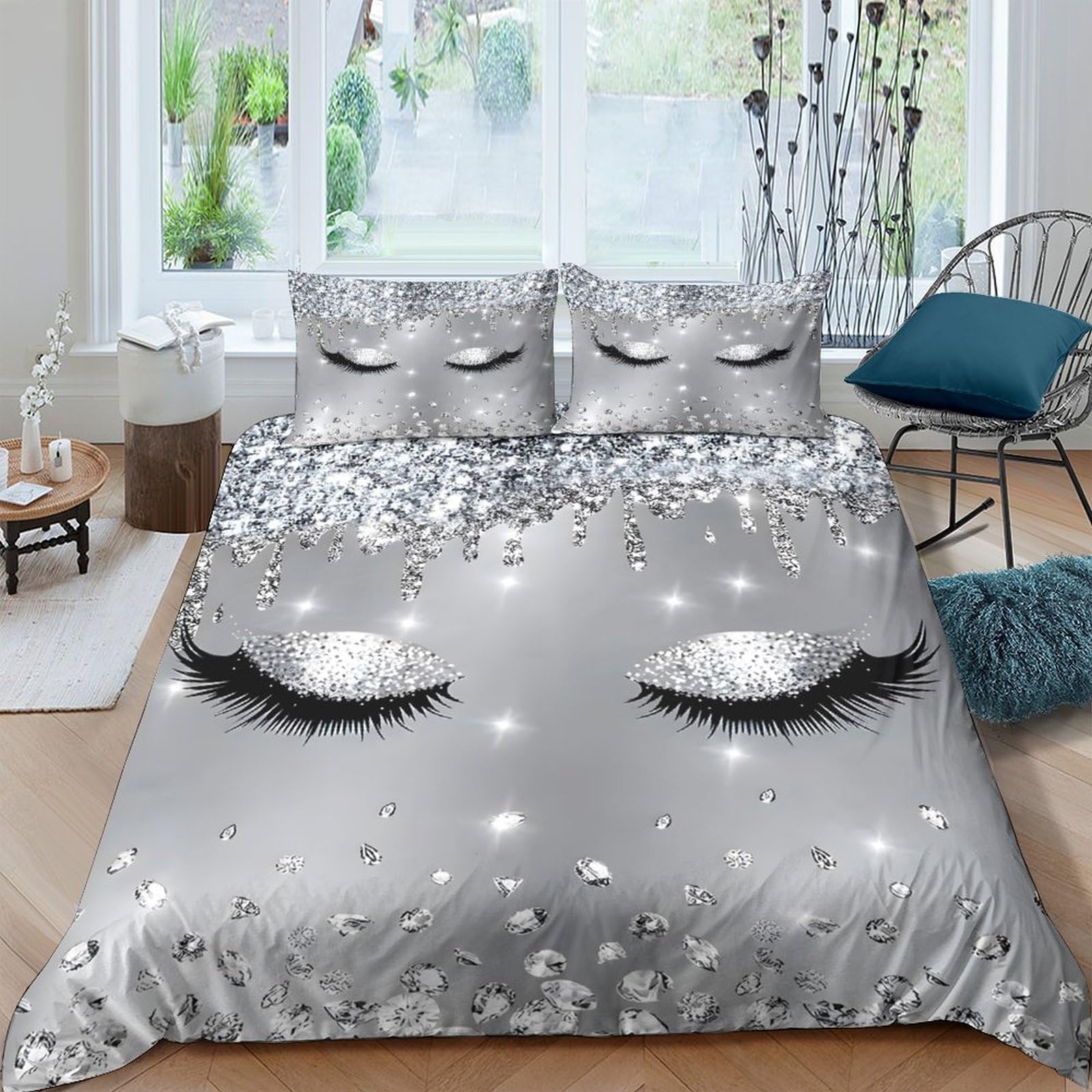 Ctjqhvkz Style-5 3D Printed Silver Eyes Closed Fitted Sheet Microfiber Soft Sparkle Eyelash Mattress Cover For Bedroom Guest Room Decor Single（135X200cm）
