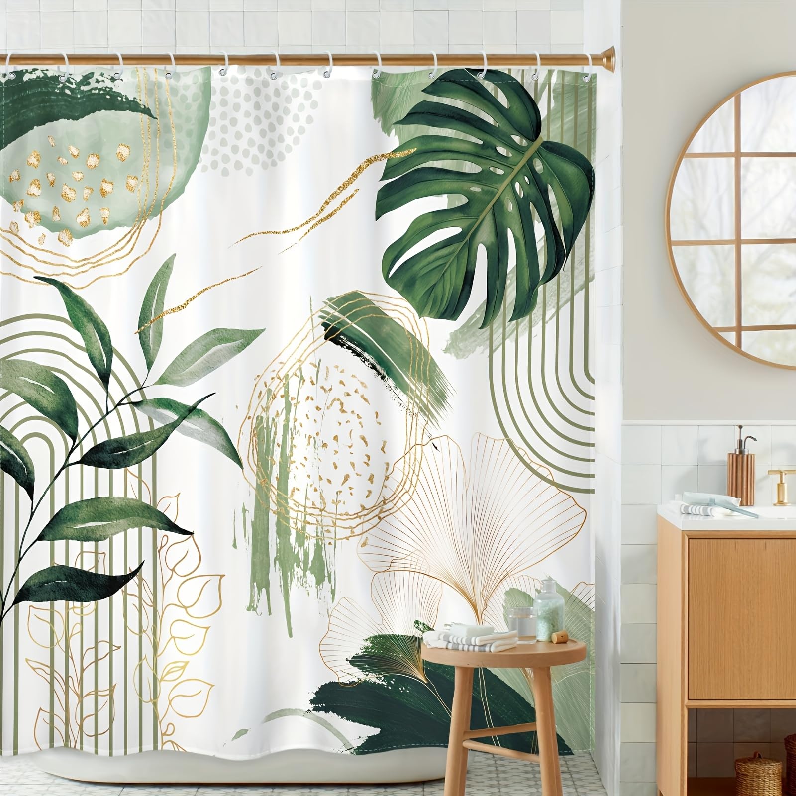 GLWDMB 1 Piece 180x180CM Sage Green Bohemian Tropical Leaves Printed Shower Curtain With Hook, Polyester Fabric, For Windows And Walls, Bathtub, Bathroom, Machine Washable, All Season Universal