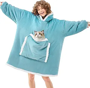 JOYWOO Turquoise Teal Wearable Blanket Hoodie, Oversized Cat Lovers Sweatshirt Blanket for Adult & Teens, Birthday Gifts for Women Men Mom Girl Boys,Cozy Sherpa Fuzzy Blanket Giant Pocket Gifts,Small