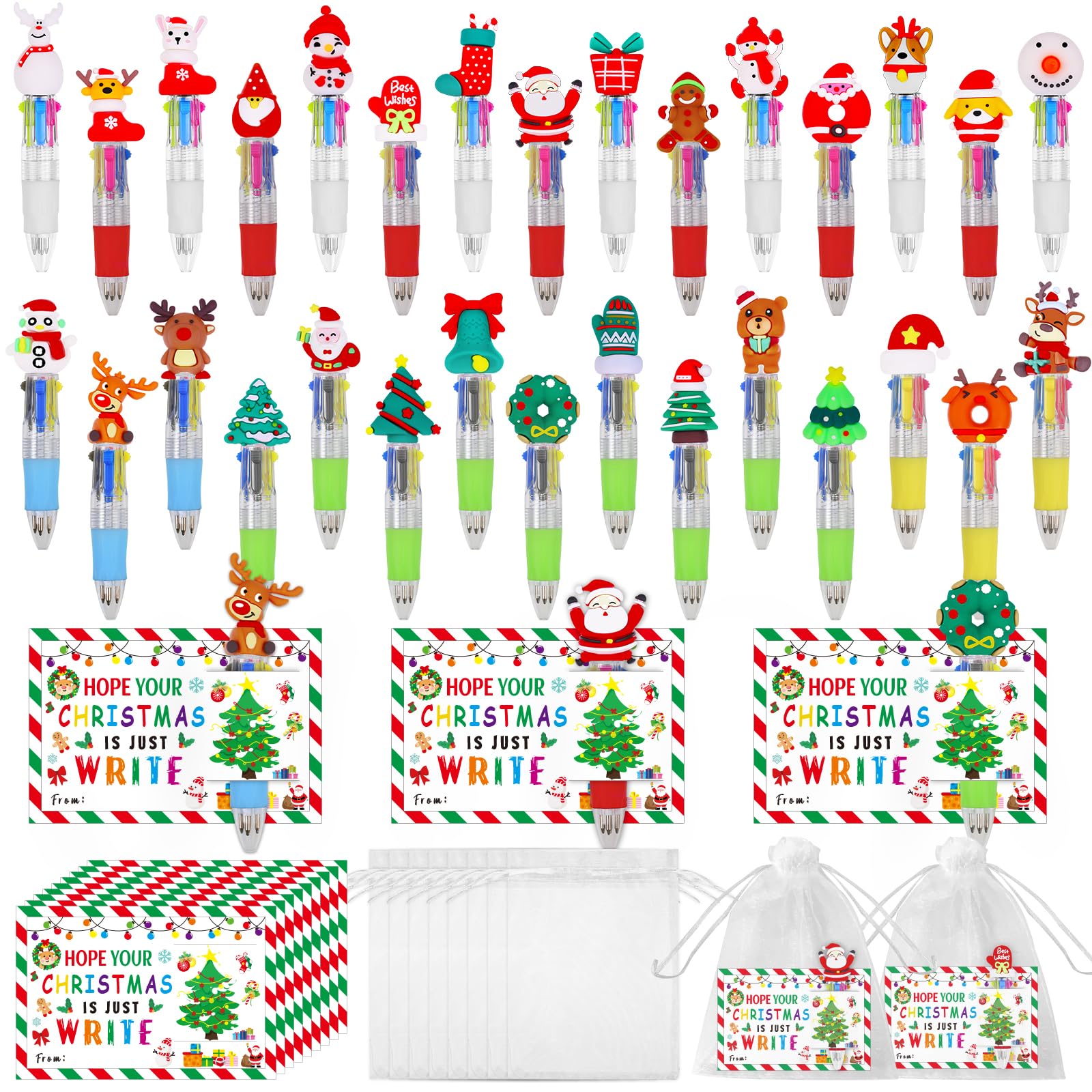 CZWZ 30 Set Cute Multicolor Pens in One 4-in-1 Fun Pens Bulk with 30 Gift Cards for Kindergarten Party Christmas Student Gift Bulk Office School Exchange Gifts