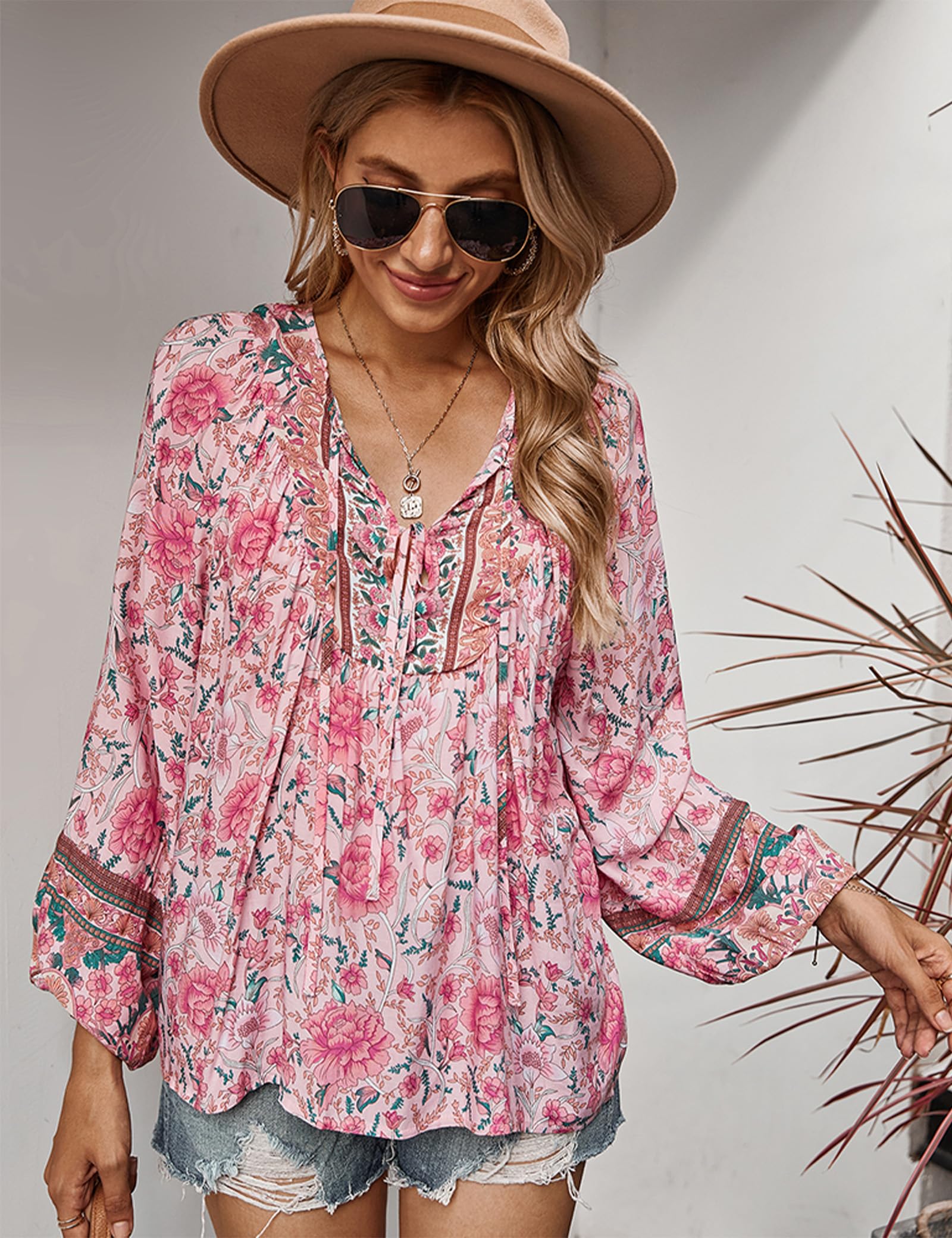 Chemisier pour Femme élégant décontracté Style bohème col en V Motif Floral Tunique Ample à Manches Longues été