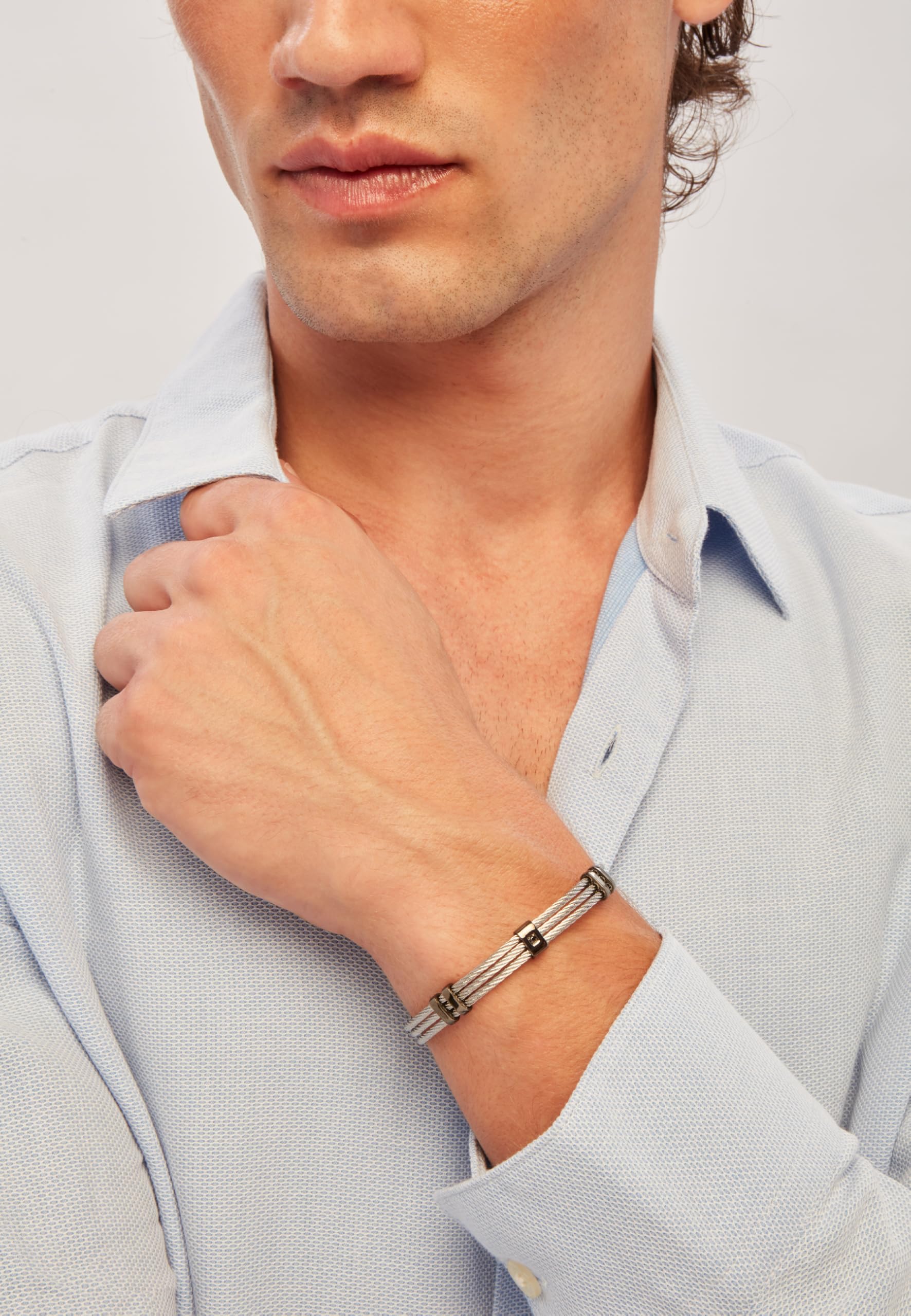 Breil, Collezione Loop, Triplo Bracciale Uomo in Acciaio con Cubic Zirconia Neri, Chiusura a Gioielleria, Lunghezza Regolabile