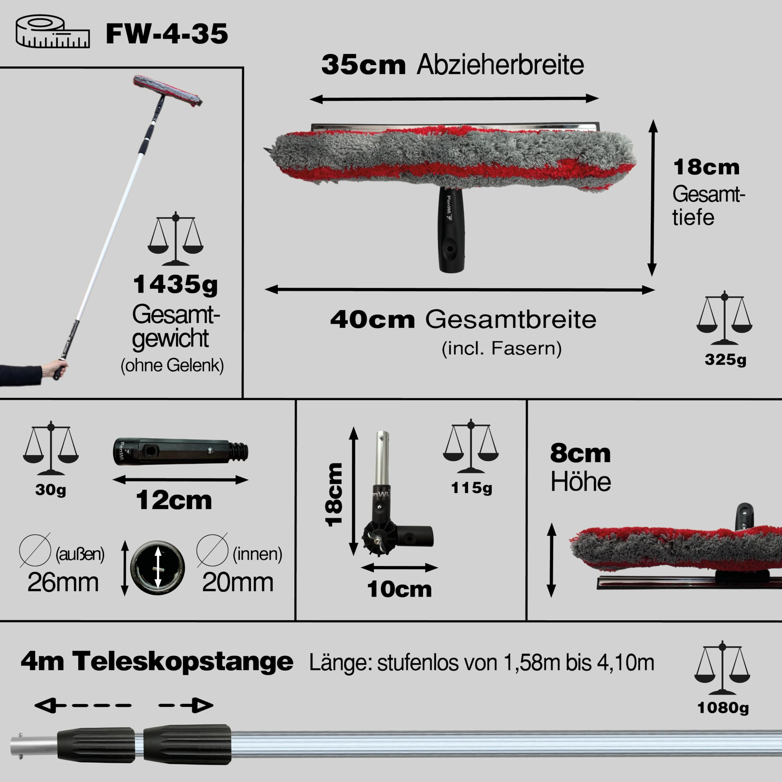 FenWi 4m Fensterreiniger Profi Set mit 400 cm Alu Teleskopstange Gummilippe Kombi Fensterwischer Mikrofaser 35/40cm Winkelgelenk + Zubehör zum Fenster putzen I Reinigung von Solaranlage Photovoltaik