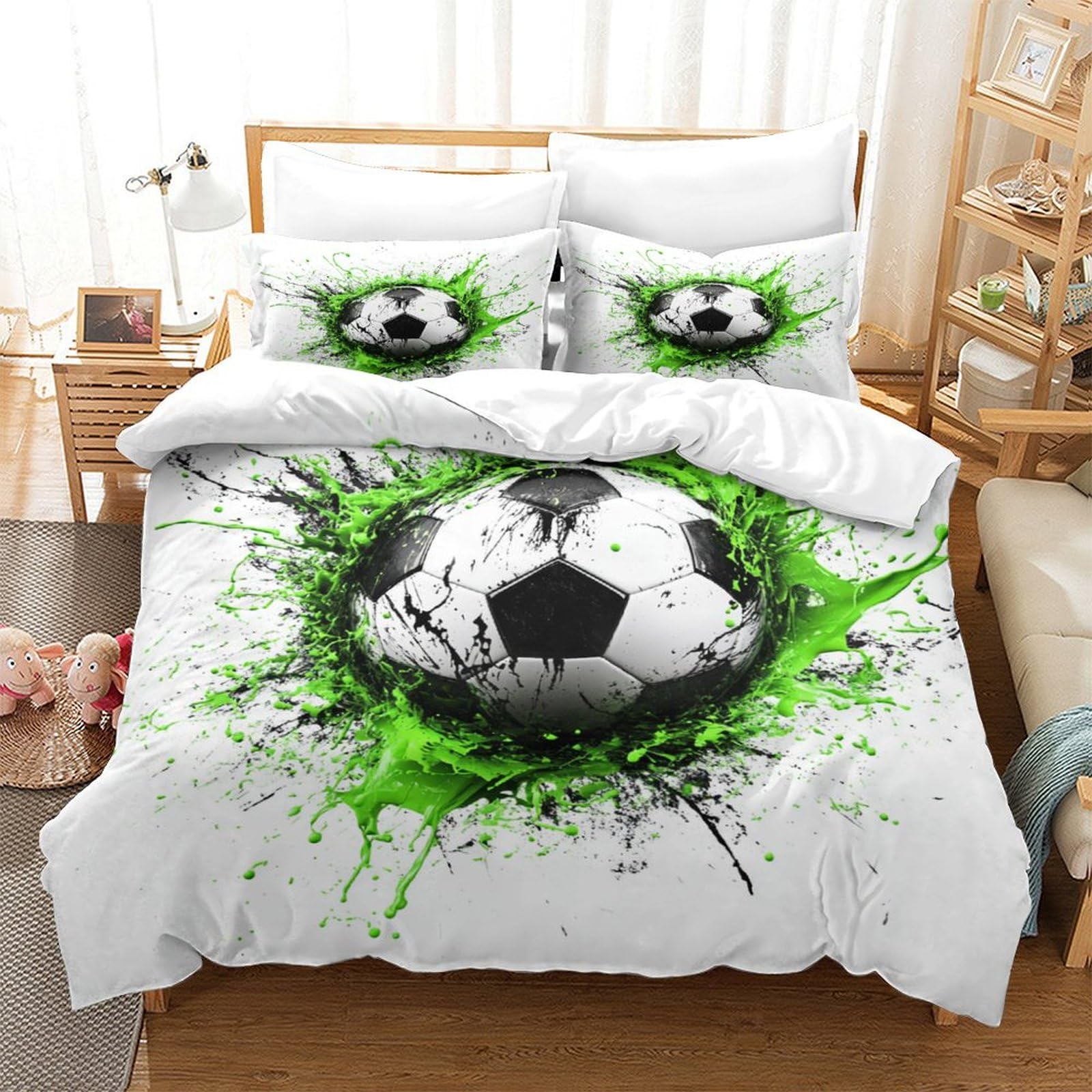 P1S9U7W5Y Green Splash Football 3D Printed Duvet Cover Set 3pcs Microfiber Soccer Bedding Set King（220x240cm）