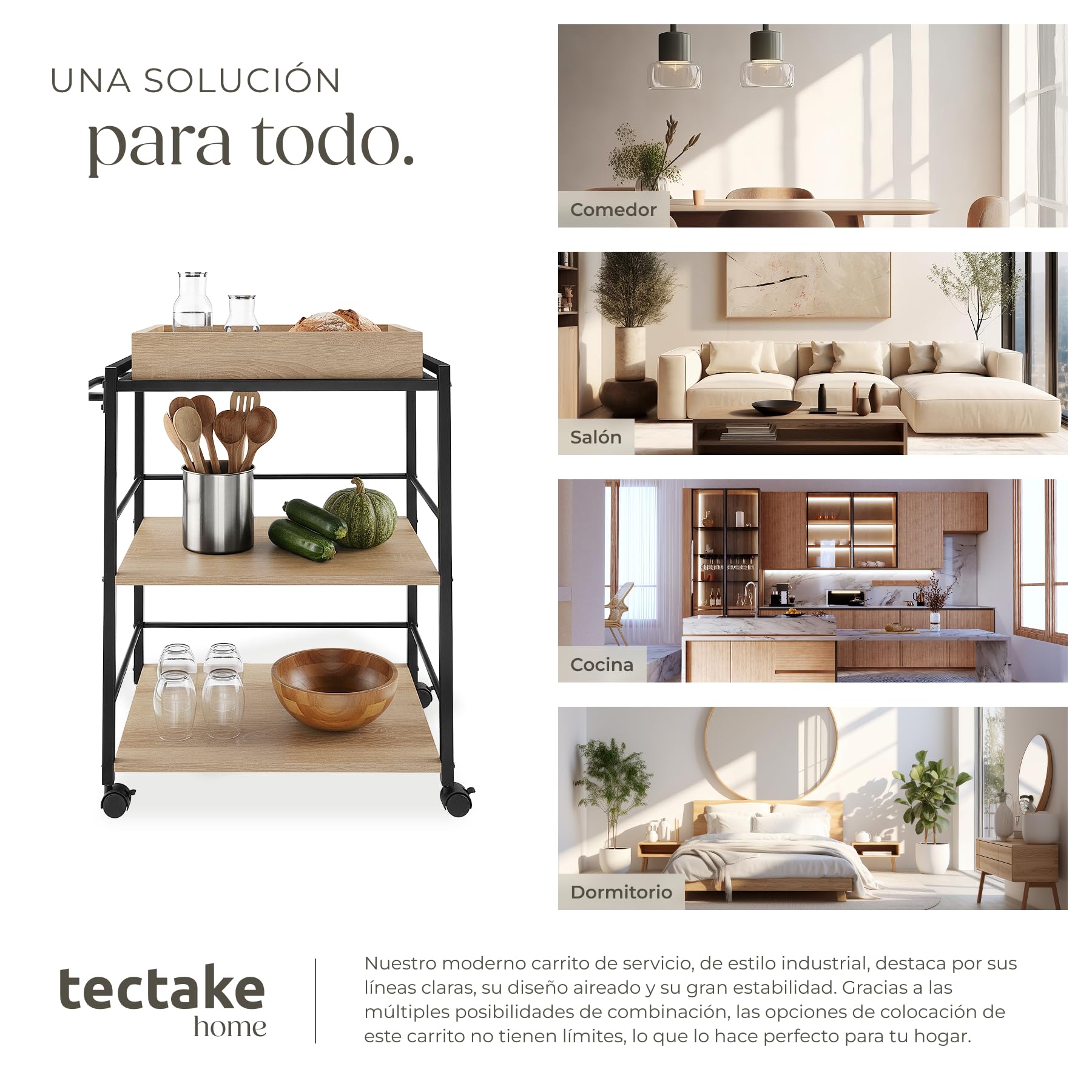 tectake® Carrito de Cocina con 3 Estantes, Almacenaje y Organizador para Baño, Hogar y Cocina, Ruedas Giratorias con Freno - 65 x 41,5 x 87 cm Madera Industrial Clara, Roble Sonoma