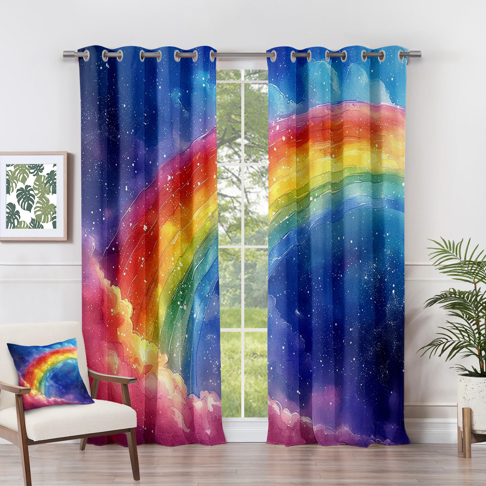 Vorhänge Regenbogen - Sternenhimmel Fantasy Bunt Fenster Gardinen mit Ösen, Vorhang Blickdicht Verdunklungsvorhänge Thermovorhang für Wohnzimmer Schlafzimmer Deko 2er Set, H 175 x B 140 cm D#-17
