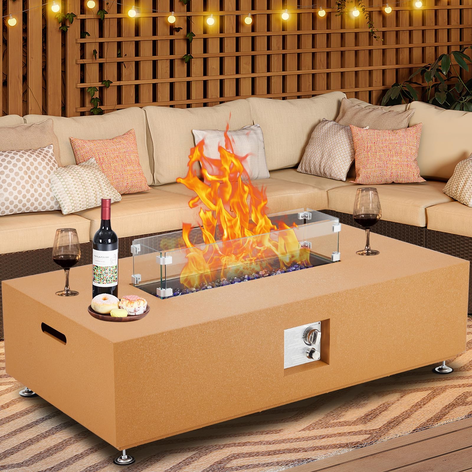 48 in Propane Fire Pit Table，50000BTU Fire Table with Wind Guard, Glass Beads & Rain Cover, Sturdy Steel Anti-Rust Finish & CSA Safety Certified Outdoor Firepit for Patio Yard Garden(Orange)