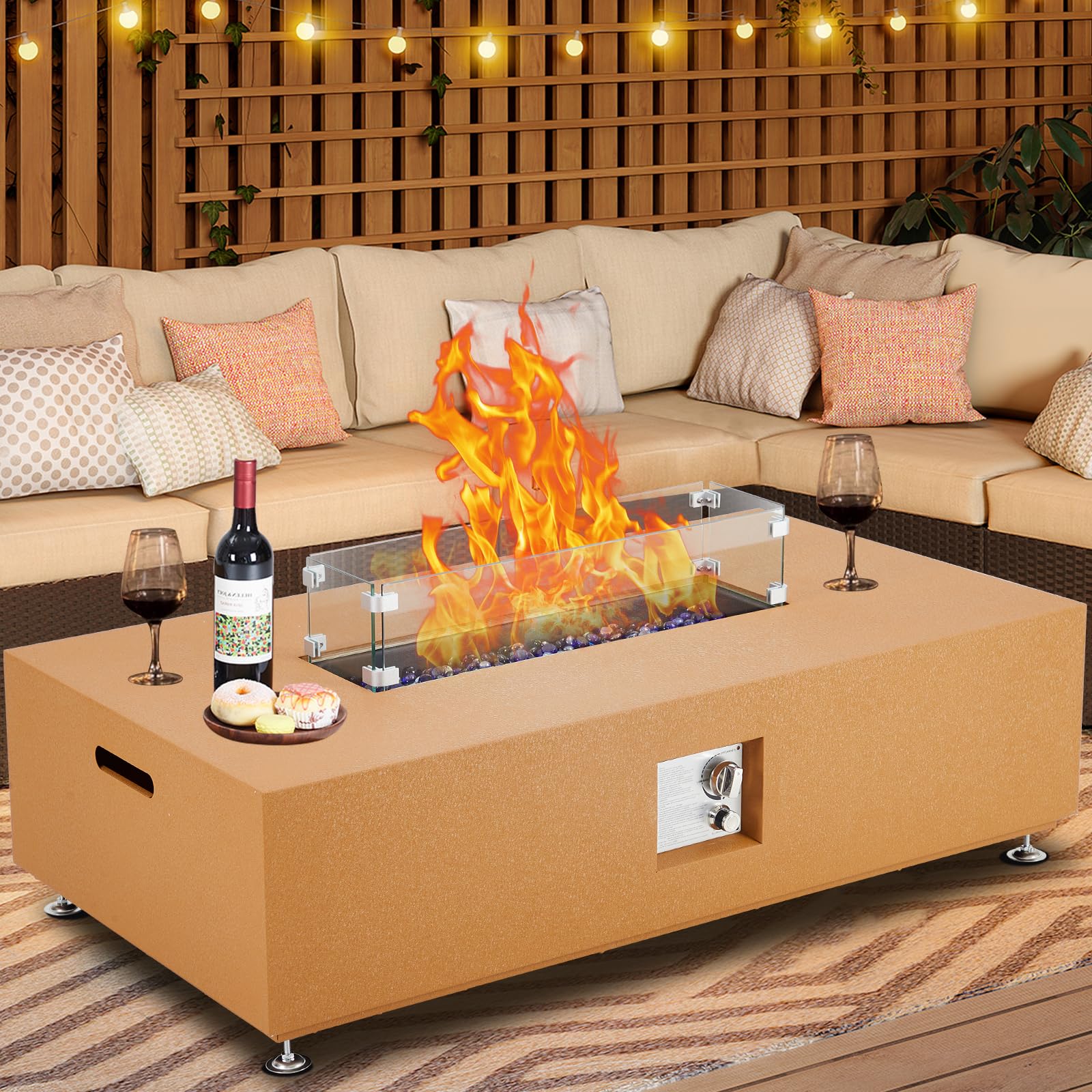 48" Propane Fire Pit Table，50000BTU Fire Table with Wind Guard, Glass Beads & Rain Cover, Sturdy Steel Anti-rust Finish & CSA Safety Certified Outdoor Firepit for Patio Yard Garden(Orange)