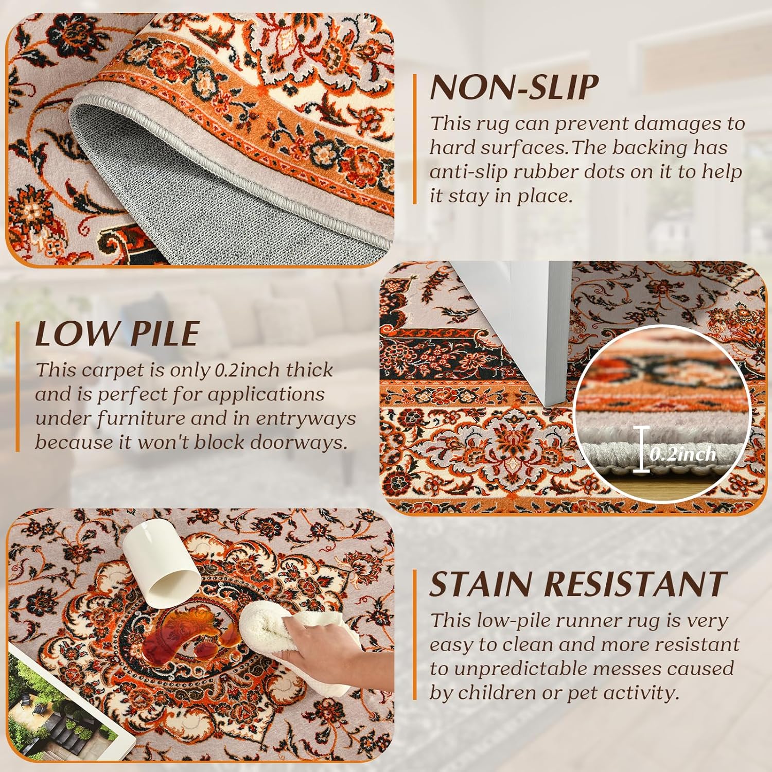 Area Rug for Bedroom, Orange Washable Living Room Rugs, 4x6Ft Non-Slip Modern Carpet for Dining Room Farmhouse Dorm Office Entryway Hallway