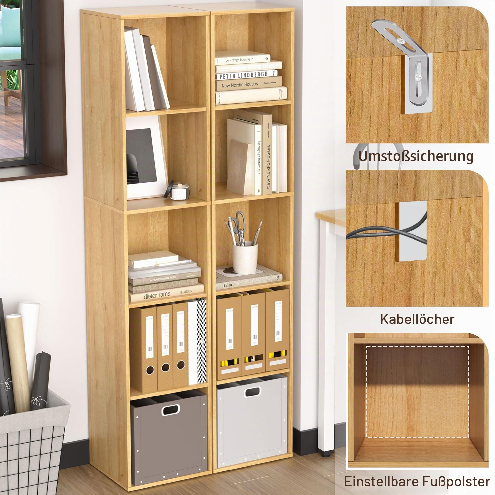 Bücherregal 5-stöckig Bücherschrank aus Holz mit offenen Fächern | Aufbewahrungsregal für Wohnzimmer, Kinderzimmer, Homeoffice, Eiche