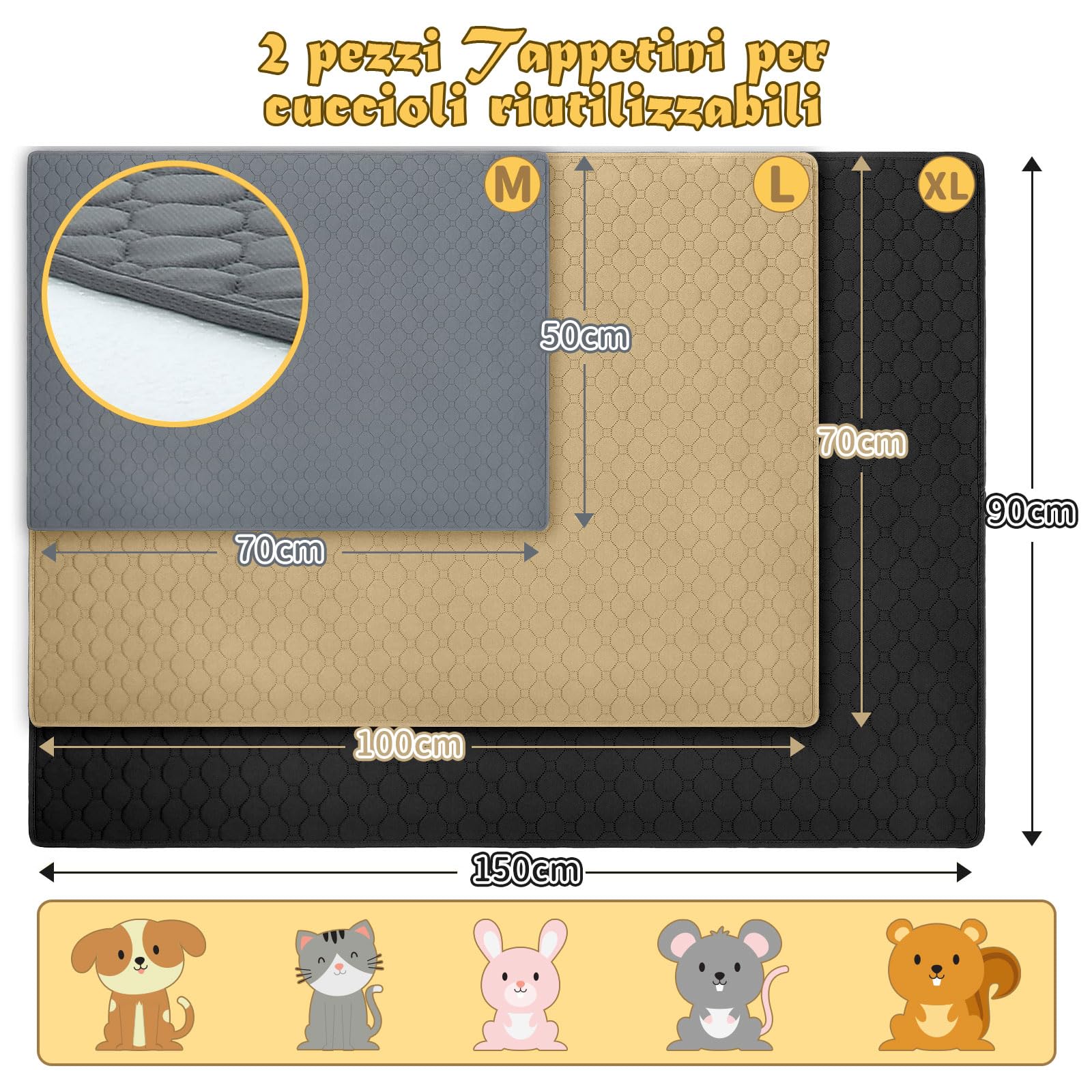E-THOL Set di 2 tappetini da allenamento per cani e gatti, extra forti, assorbenti, impermeabili e antiscivolo, lavabili e riutilizzabili, per cuccioli e animali domestici (marrone, 150 x 90 cm)