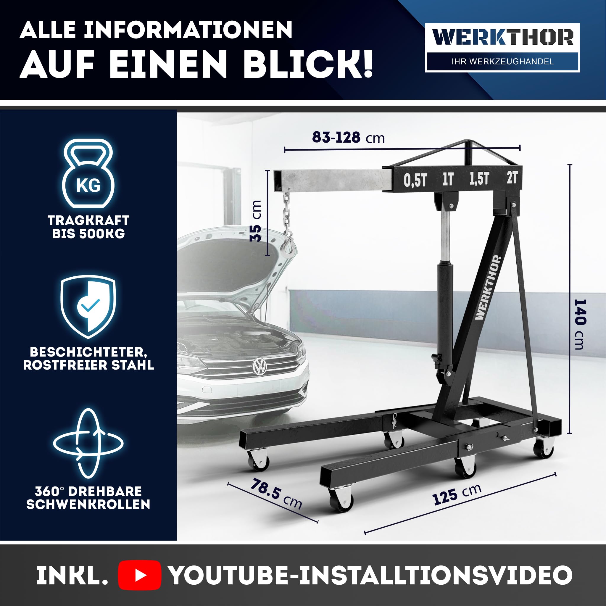 WERKTHOR Motorkran 500kg klappbar für Werkstatt – Motorheber 500KG hydraulisch & platzsparend – Werkstattkran schwarz mit 6 Rollen – Profi Hebekran für Motoren & Getriebe