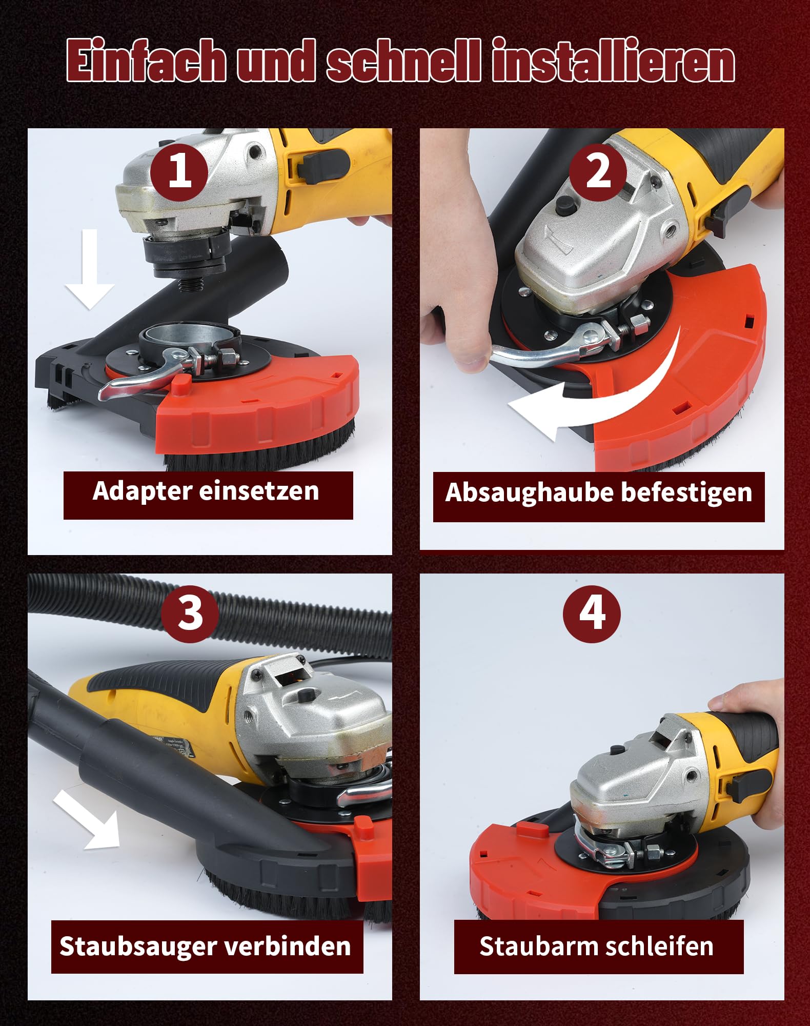 Capot d'aspiration universel pour meuleuse d'angle 115/125 mm avec couronne de brosse avec adaptateur et outil, jusqu'à 90 % de poussière en moins lors du ponçage pour meuleuse d'angle 115/125 mm
