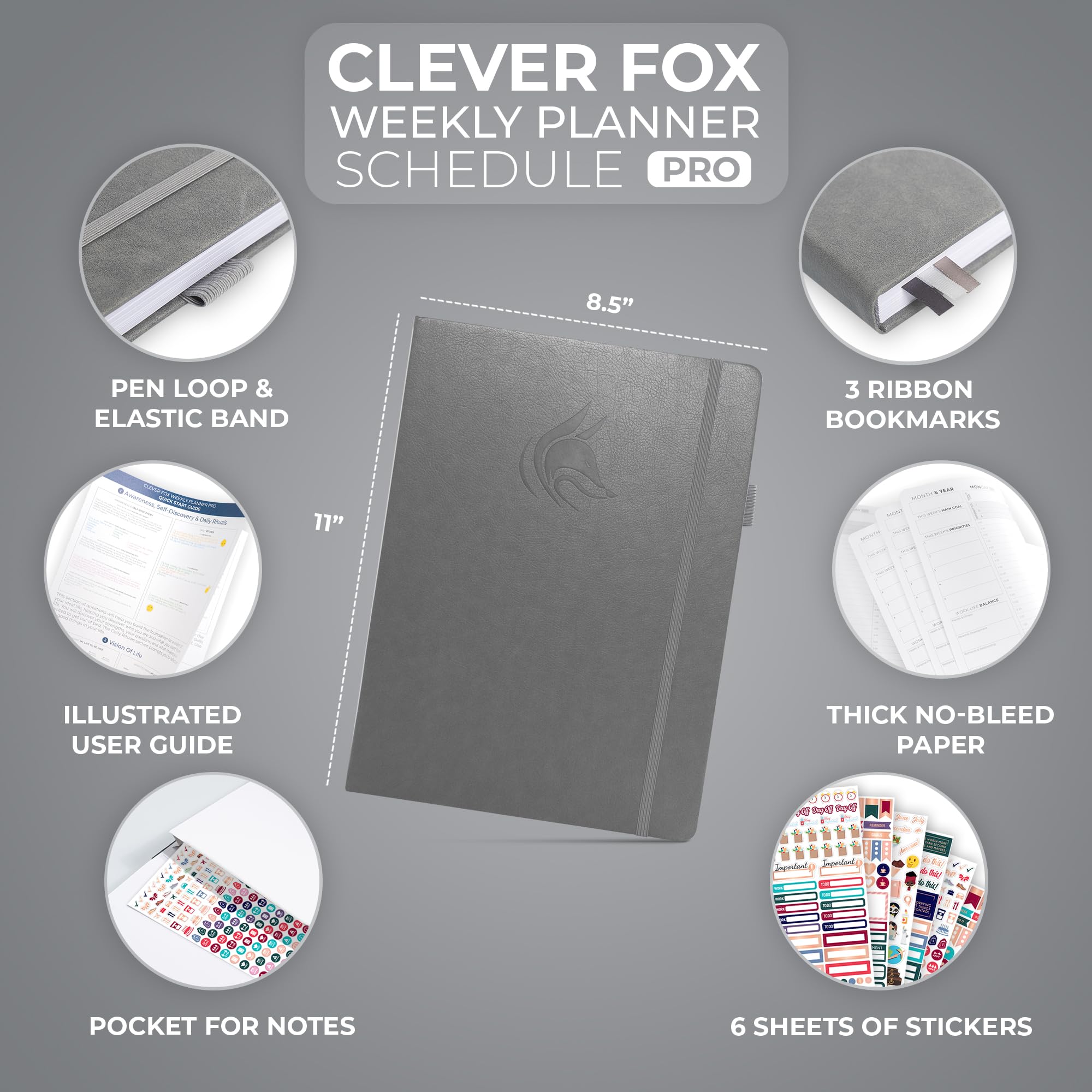 Clever Fox Agenda settimanale e mensile con fessure orarie, agenda per appuntamenti e agenda giornaliera per aumentare la produttività, senza data (grigio, A4 (21,6 x 28 cm)