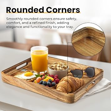 KITEISCAT Acacia Wood Serving Tray with Handles, 17x13 Rectangular Decorative Ottoman Tray for Living Room, Coffee Table Tray for Decor, Breakfast in Bed