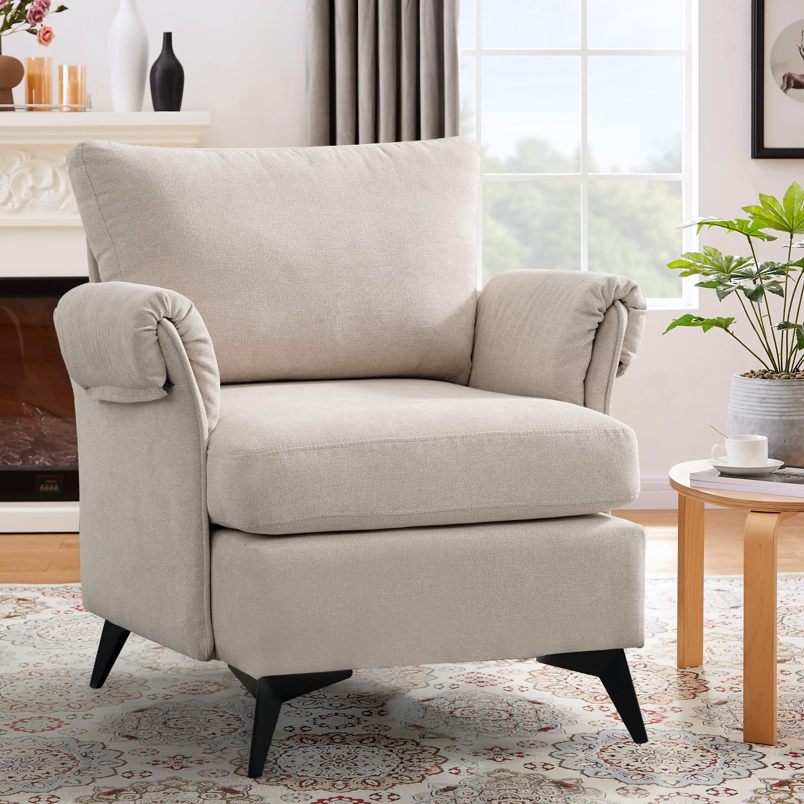 Amazon Brand- Mid-Century Accent Chair Armchair, Cozy Single Sofa with Deeper Sitting Depth and Metal Tapered Legs, Thicken Cushion and Fabric Linen for Small Space (Beige)