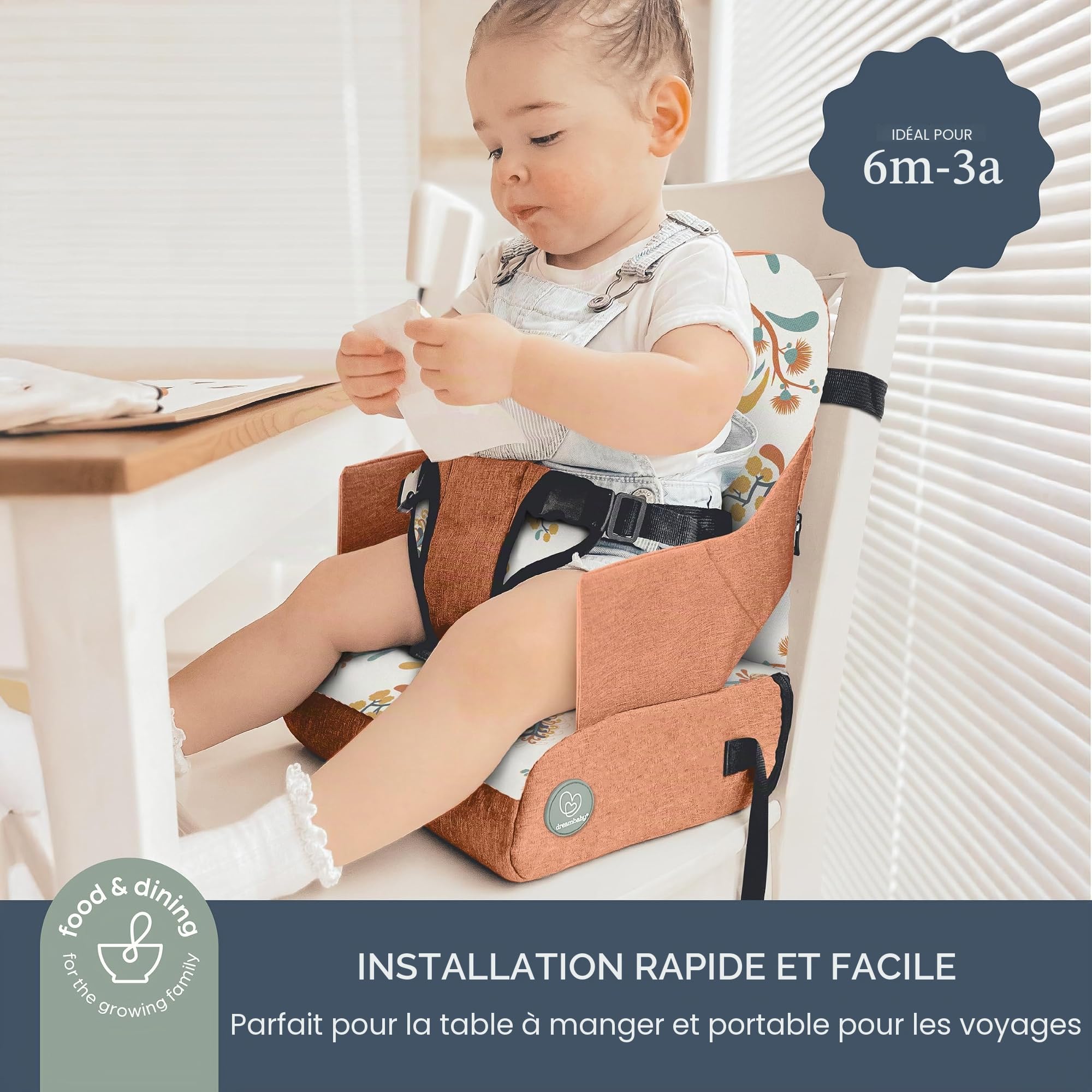 Dreambaby Siège rehausseur On-The-Go pour enfants – Chaise haute portable avec compartiments de rangement pratiques – S'adapte à la plupart des chaises de salle à manger – Léger, compact et facile à