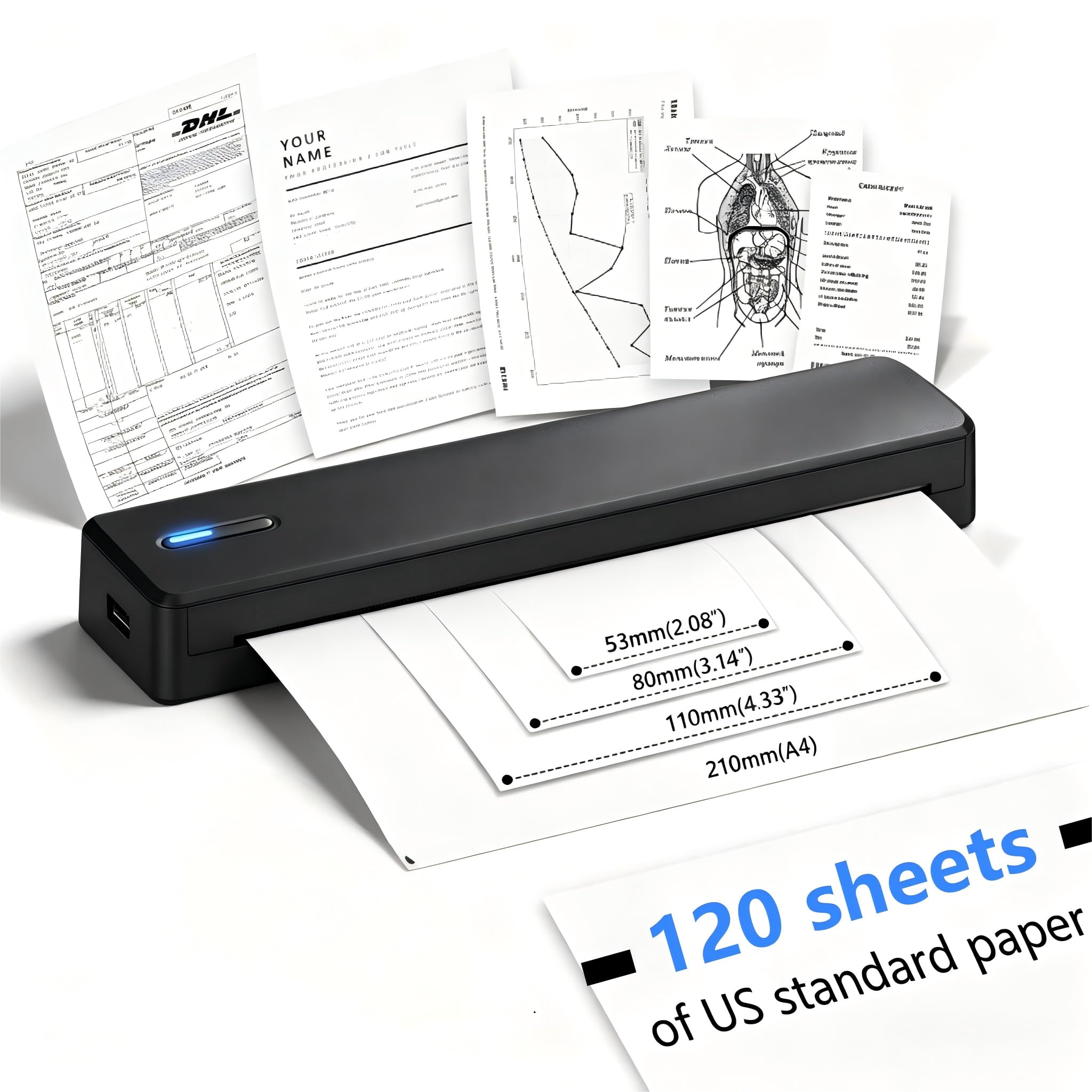 POLONO D810B Impresora térmica portátil sin tinta + 120 hojas de papel, soporte A4 y papel térmico US Letterhead.