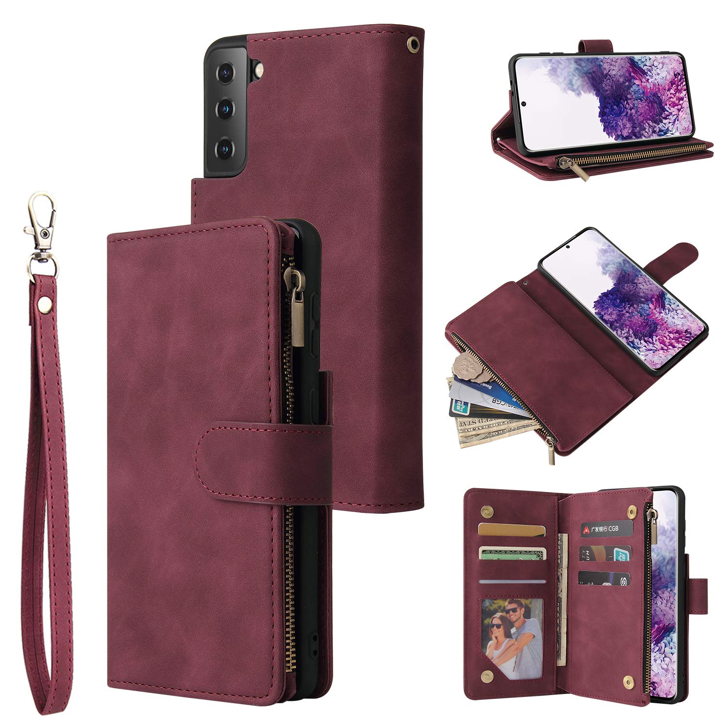 UEEBAI Wallet Case for Samsung Galaxy S21, Premium Vintage PU Leather Magnetic Closure Handbag Zipper Pocket Case Kickstand Card Holder Slots with Wrist Strap TPU Shockproof Flip Cover - Wein Red