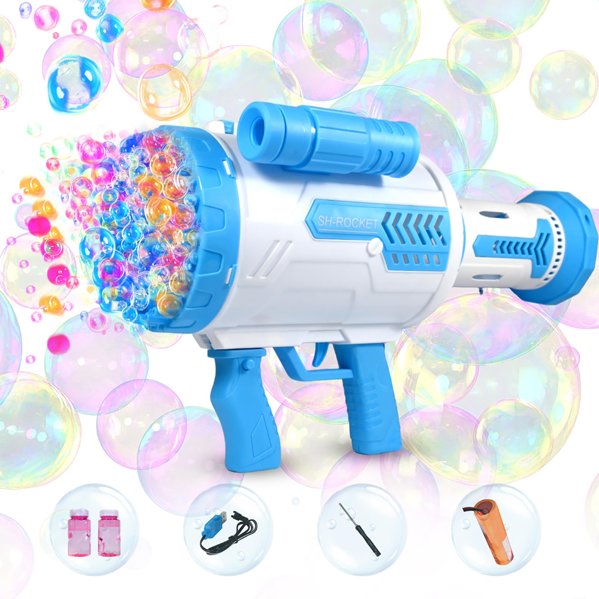 VikriDA Bazooka Bubble Gun - Upgraded 100 Holes Bubble Machine Gun, Rocket Bubble Gun with Light & Bubble Solutions, Bubble Blaster Maker for Kids, Wedding, Birthday Gift, Party Favors - Blue (B0CVH5HXSX) Amazon Price History, Amazon Price Tracker