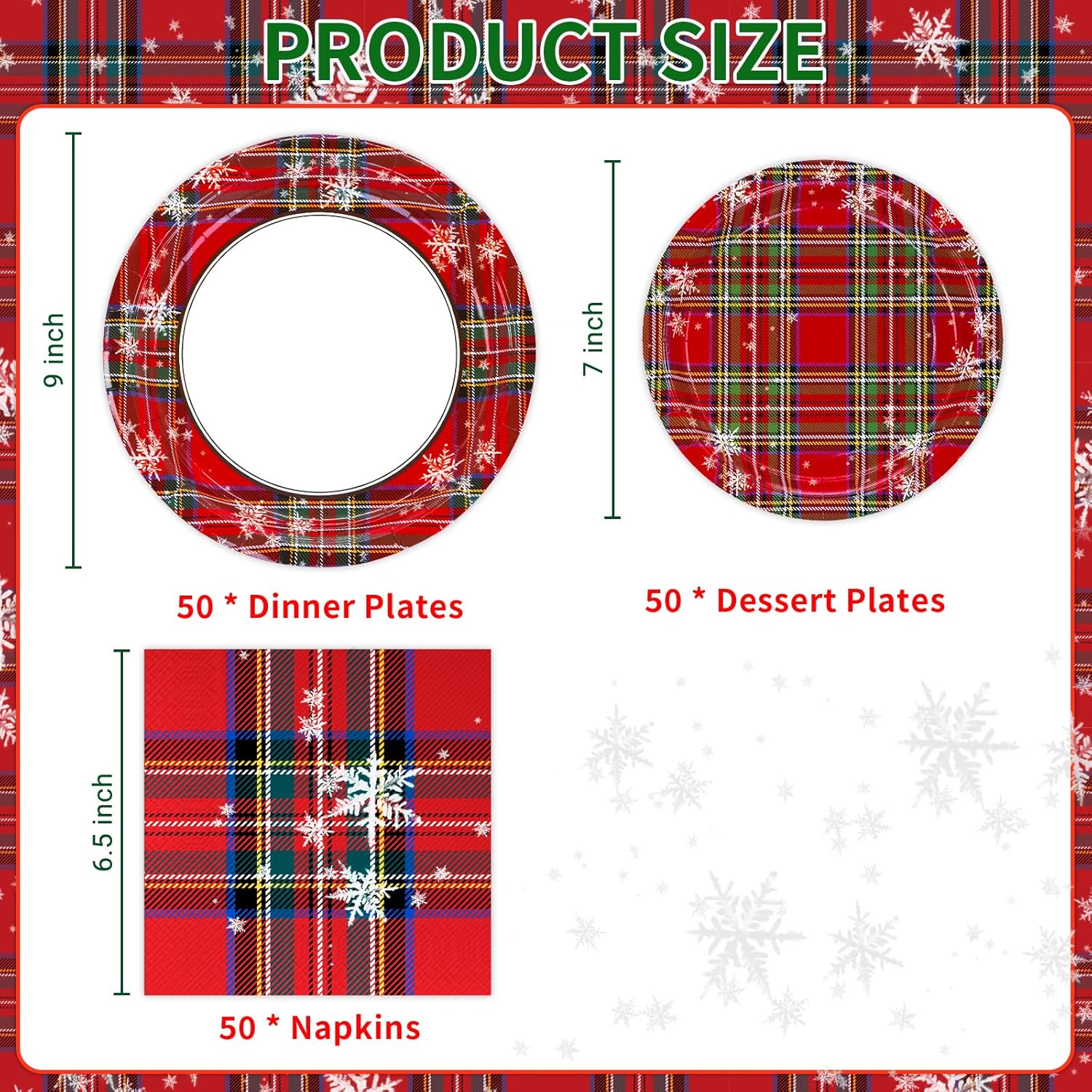DYLIVeS Christmas Paper Plates and Napkins Party Supplies, 150 Pcs Christmas Tartan Plaid with Snowflake Disposable Dinnerware Set Merry Christmas Party Decorations, Xmas Holiday Tableware, Serves 50