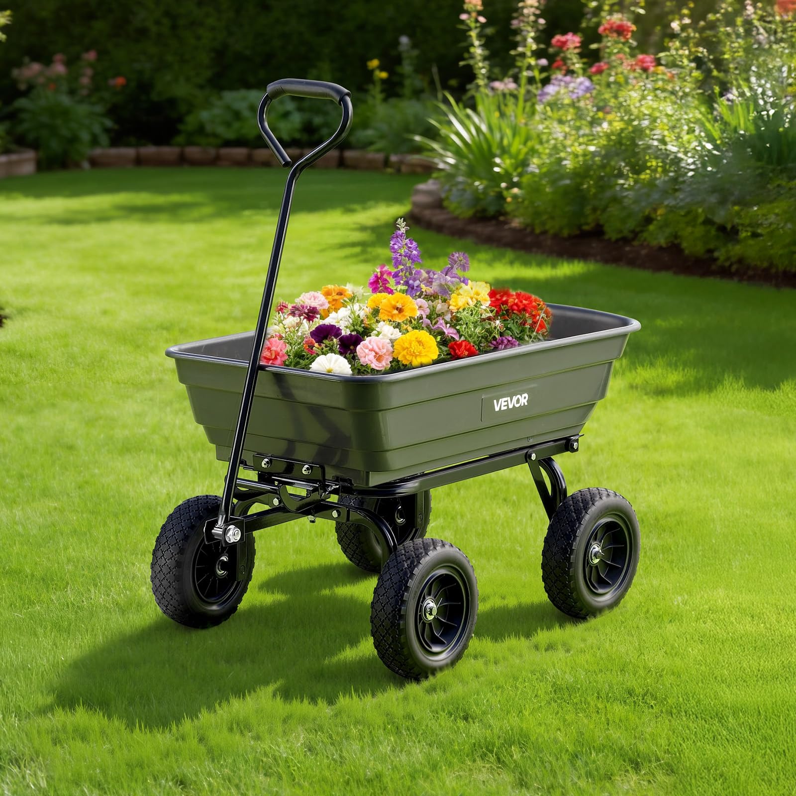 VEVOR Chariot de Jardin Basculant Max. 272 kg Chariot à Benne Basculante en PP pour Transport de Bois Plantes Terre, 4 Roues Increvables Pivotantes à 180°, Basculement à 90°, Roulement Rotatif à 270°