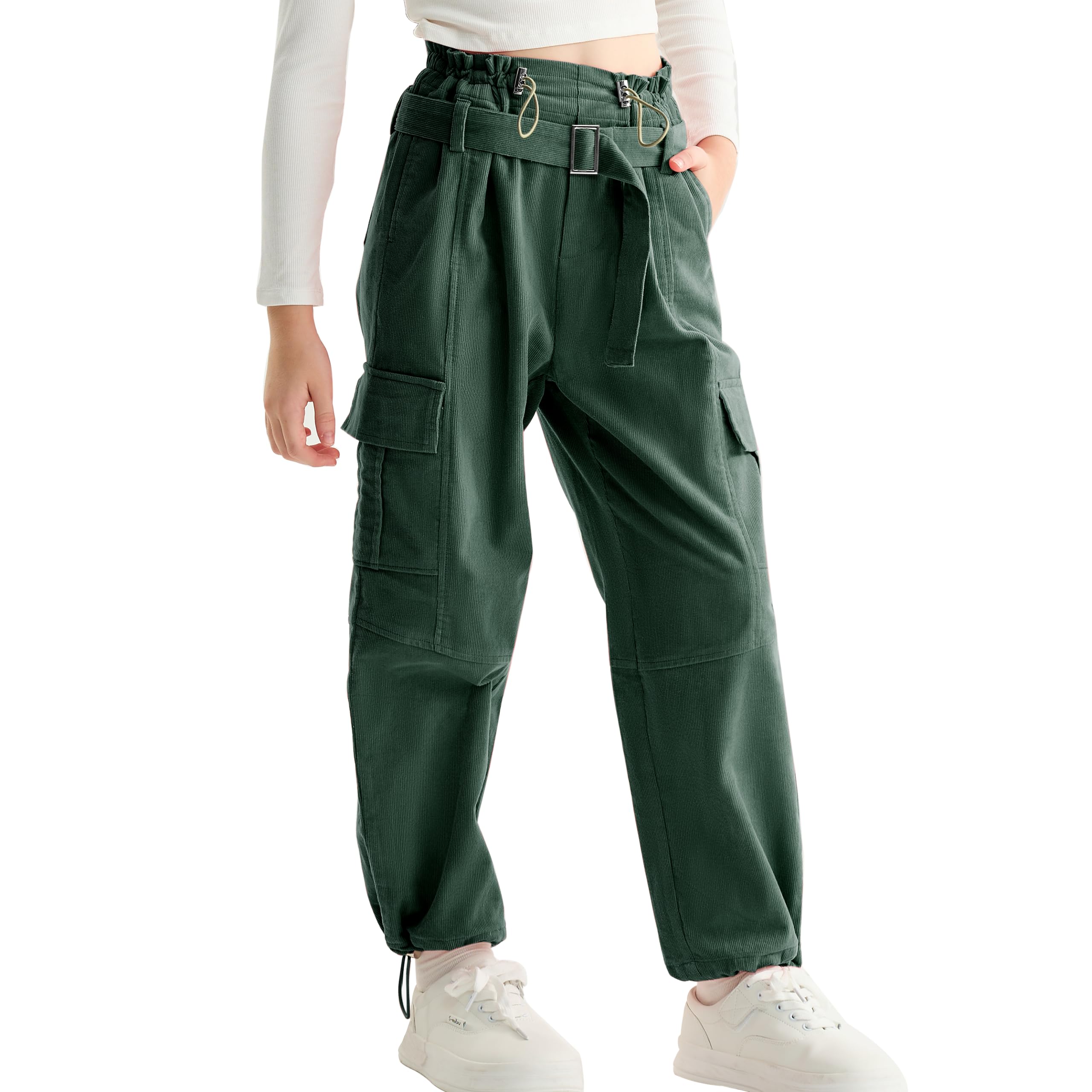 Rolanko Girls Corduroy Cargo Pants Wide Leg Cargo Trousers Streetwear Kids Pants Joggers with Pockets 4-15 Y