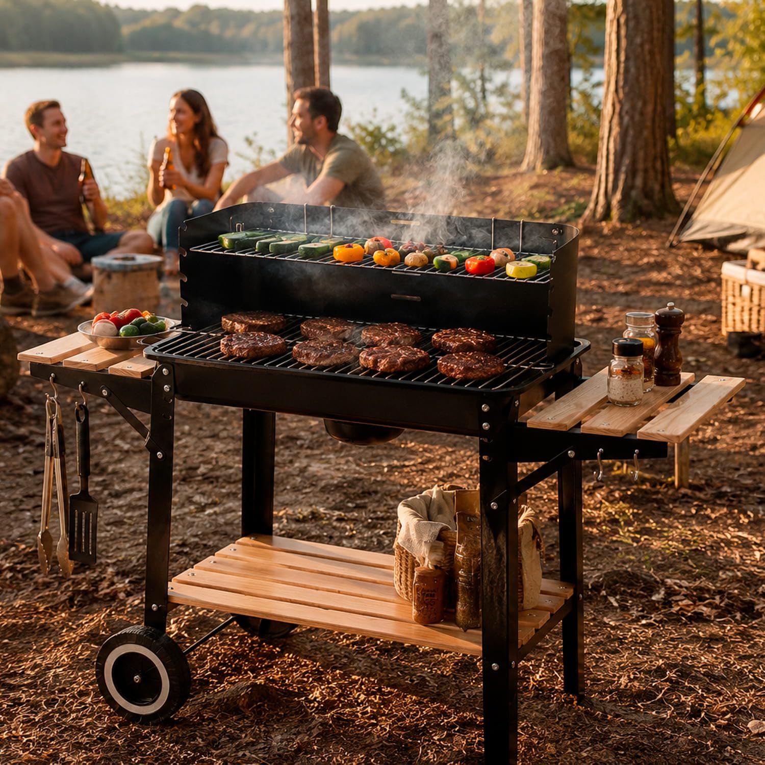 Barbecue A Carbone Con Paravento BBQ Antivento E Griglia Ripiani Laterali In Legno Ganci Per Utensili Ruote Per Facile Trasporto Perfetto Per Giardino E Campeggio 94 x 40 x 84 Cm Nero