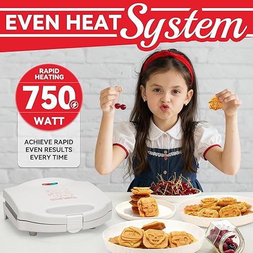Miniatura 3 de Mini waflera espeluznante para niños, mini máquina para hacer panqueques, plancha eléctrica para gofres pequeña, 8 divertidos personajes, regalo