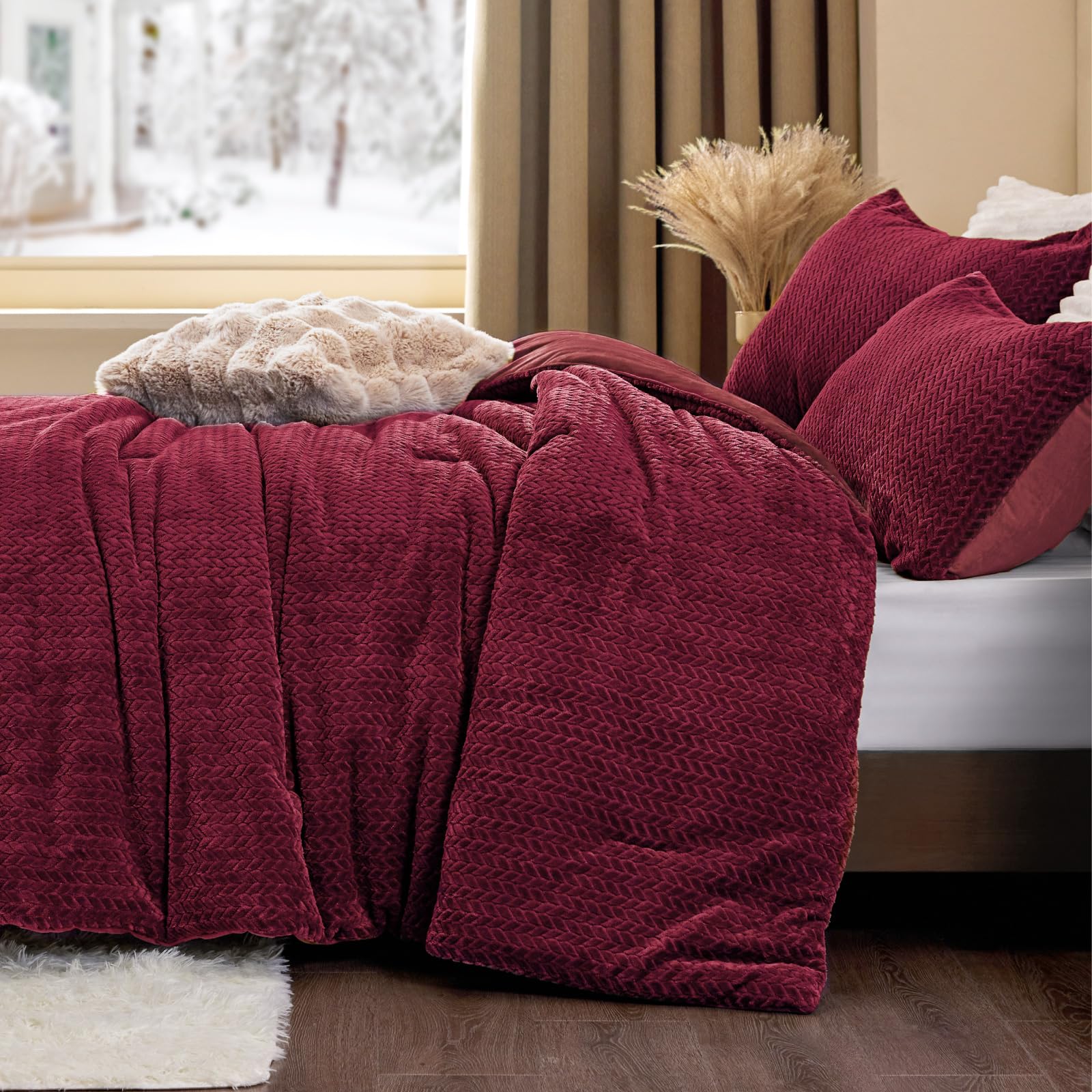 ChiXpace Flannel Fleece Comforter King Set - Furry Burgundy Leaves Pattern Faux Fur Bed Set, Winter Ultra Soft Fuzzy Comfort Set, Velvet Bedding Set