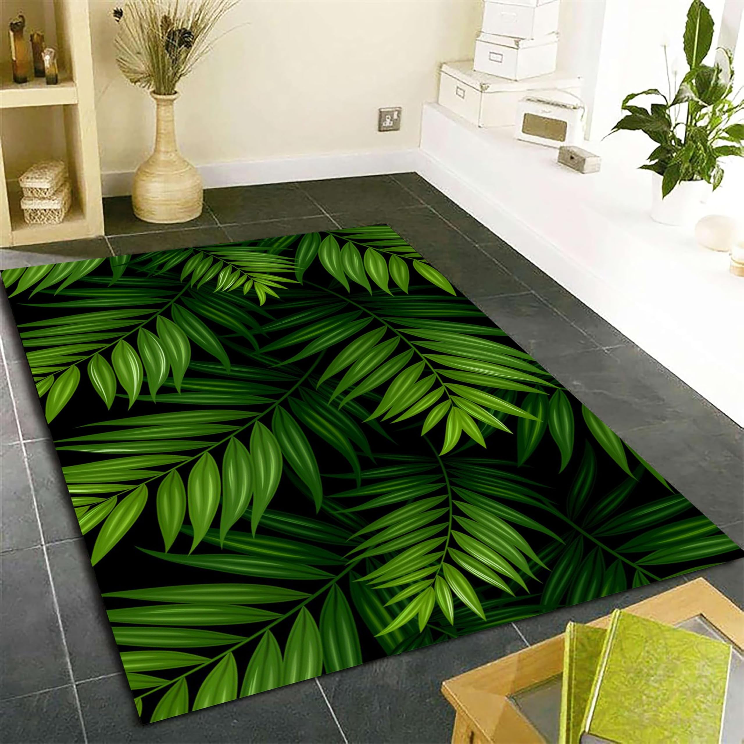 Green Area Rug, 70x140cm Soft and Comfortable Palm Leaf Print Pattern Carpet, Simple Modern Beautiful Room Decor Leisure Mat, Non-Slip Washable Dormitory Sofa Bedside Entryway Rugs
