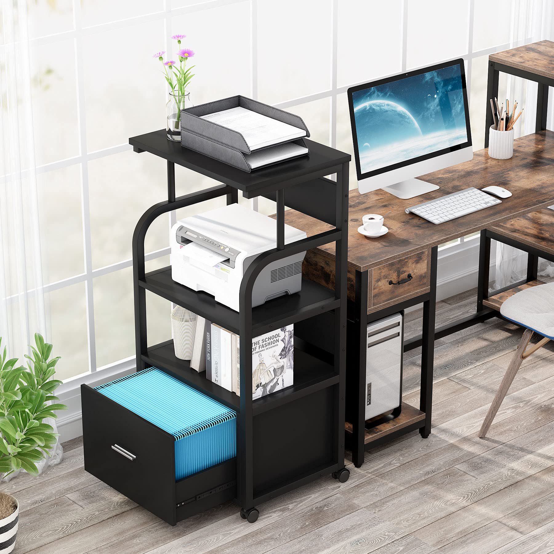 Tribesigns Mobile File with Printer Shelf, 3 Tier Printer Stand