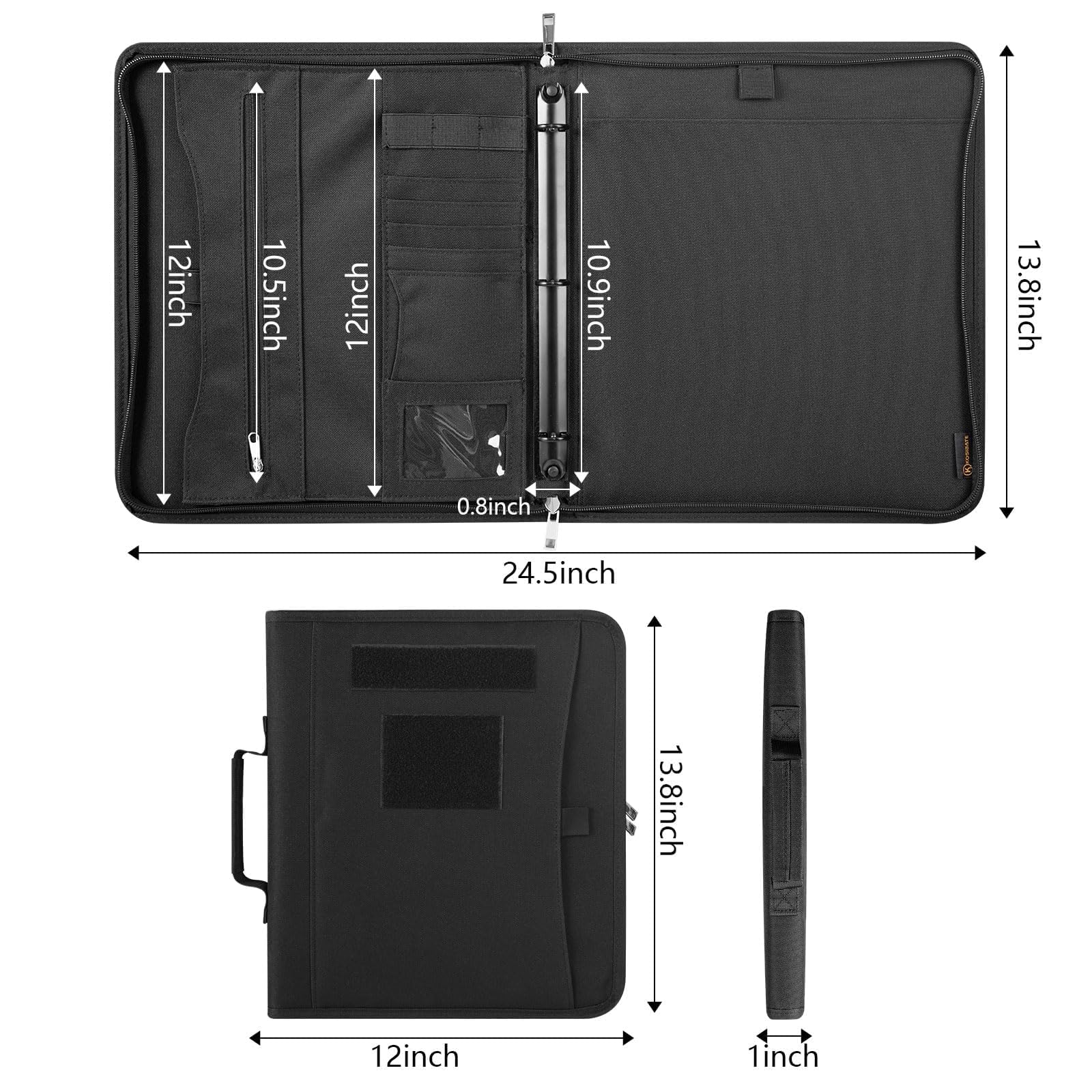 Kosibate Carpeta táctica con cremallera y 25 hojas de papel tamaño carta, cuaderno táctico con cremallera para carpetas, carpeta desmontable de 3 anillos (A4, negro, 13.5 x 11.5 pulgadas)
