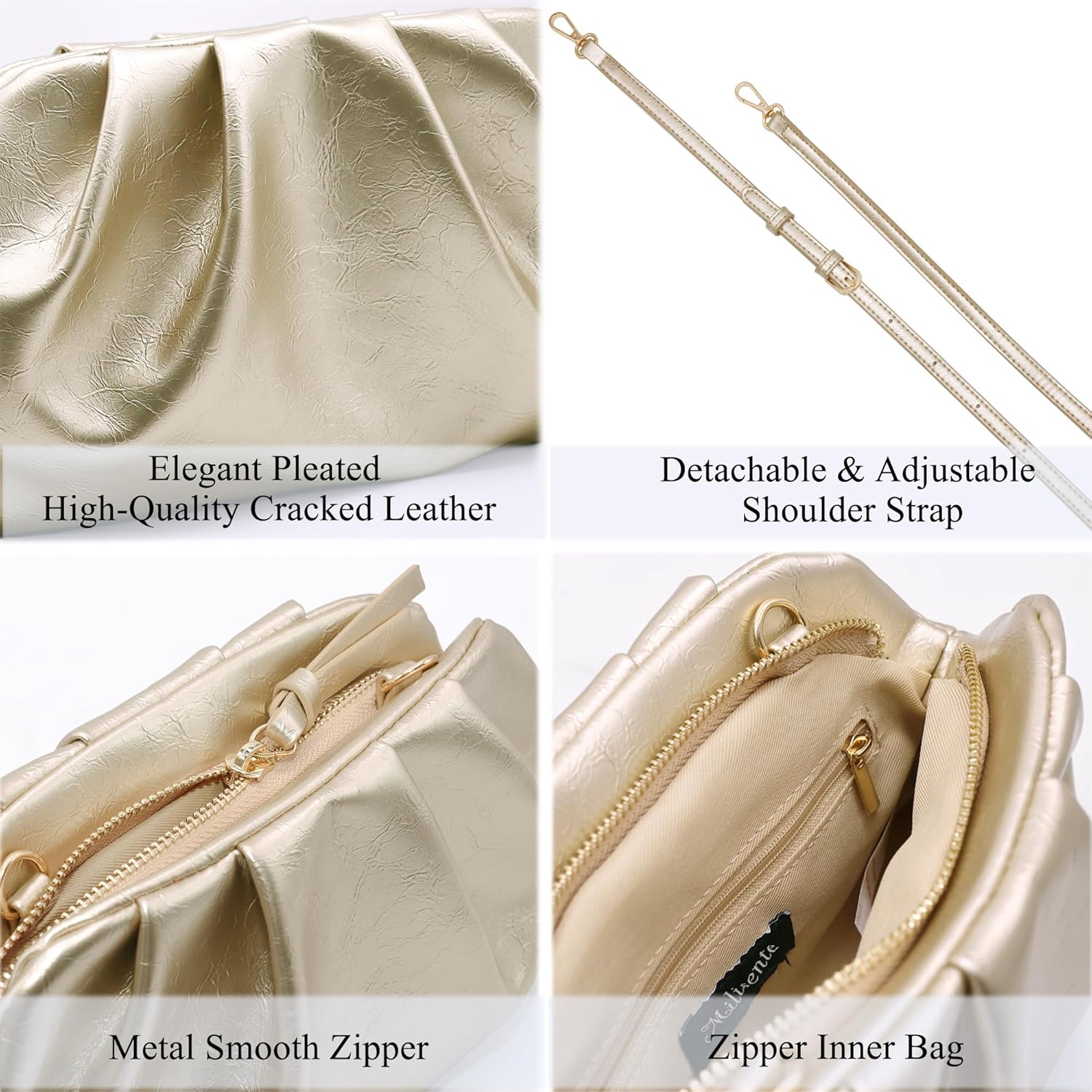 Milisente Clutch Purses for Women Shiny PU Leather Pleated Evening Clutch Bag With Shoulder Strap for Formal Wedding Prom