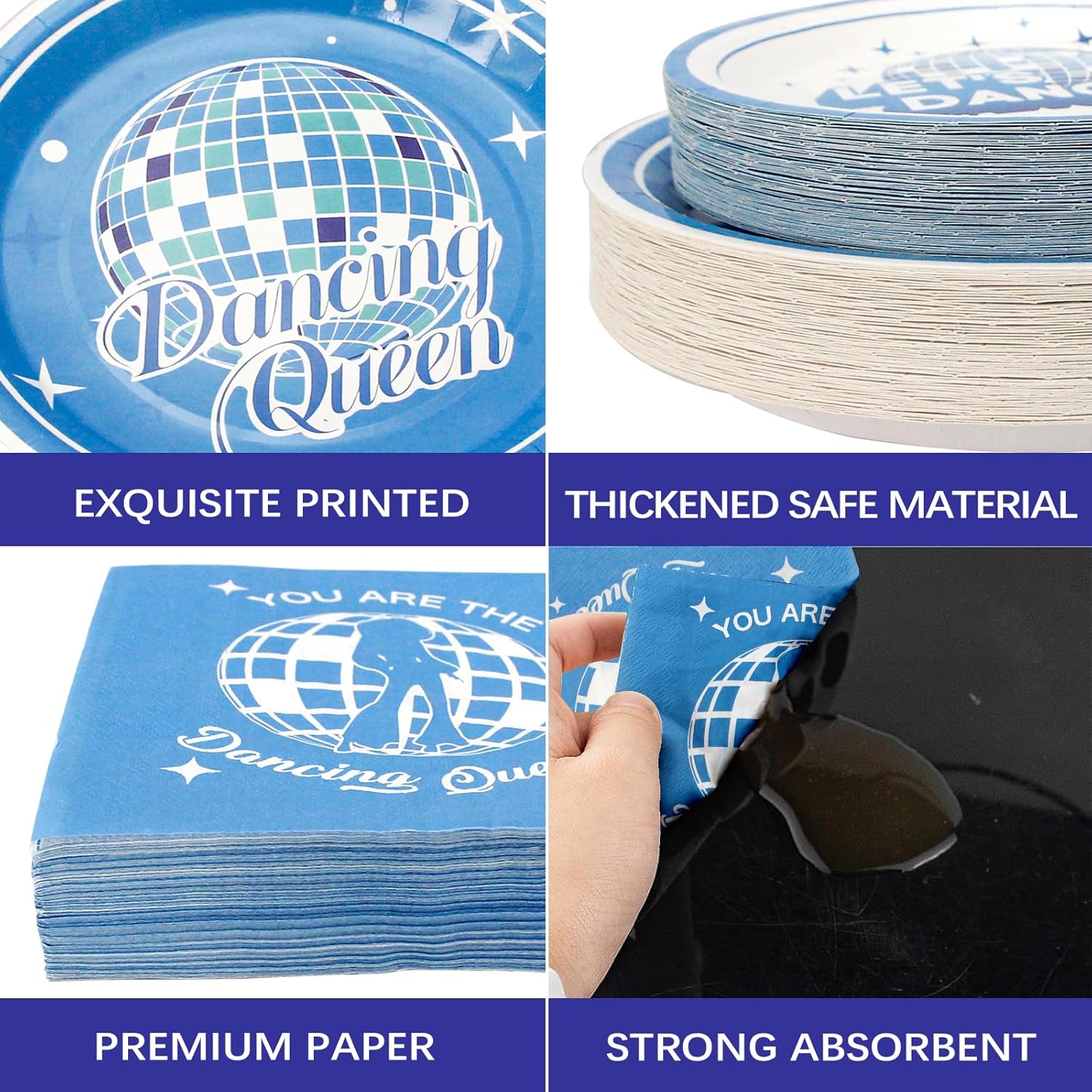 180PCS Dancing Queen Party Supplies Serve 60,Blue Disco Paper Plates and Napkins Kit for 70s Disco 17th Birthday Bachelorette Party Decorations,Includes Dinner and Dessert Plates, Napkins - Image 3