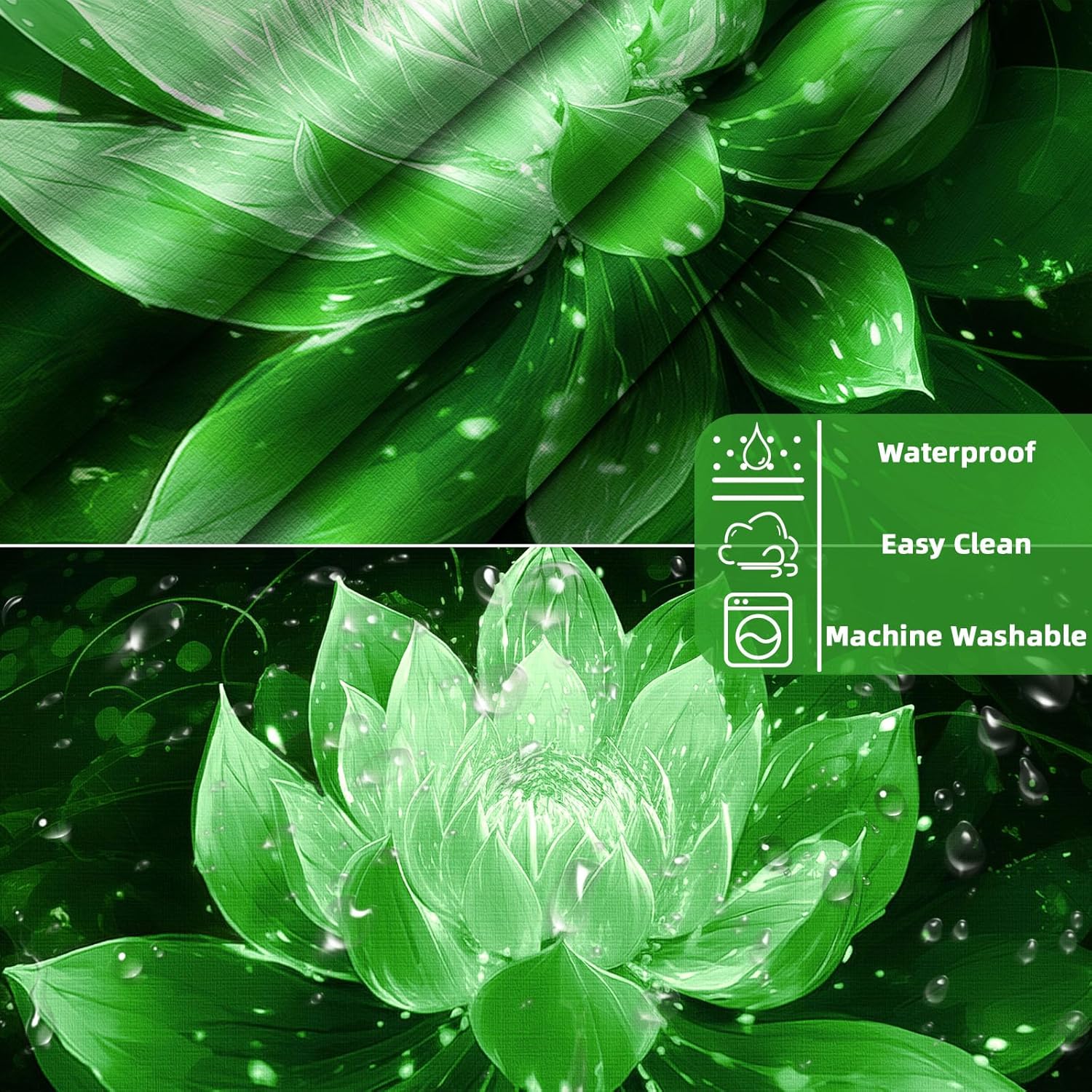 Lotus Hookless Shower Curtain with Snap in Liner, Black and Green Floral Modern No Hook Shower Curtain and Liner Set, Ringless with Window Waterproof Cloth Fabric, 71" W X 74" L