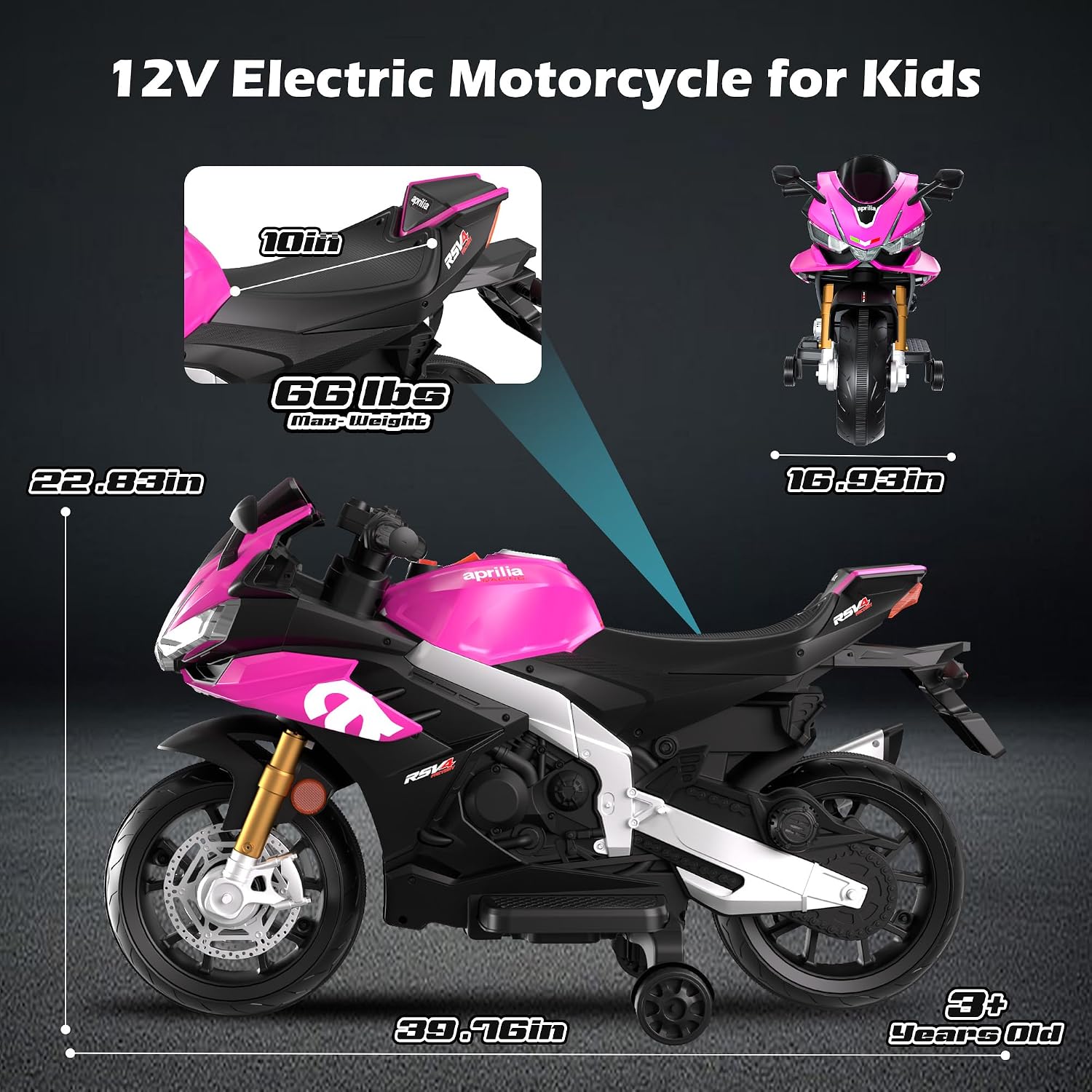 12V Electric Motorcycle for Kids, Licensed Aprilia RSV4 with Removable Training Wheels, LED Lights, Music, USB, Ride on Motorcycle for Boys Girls