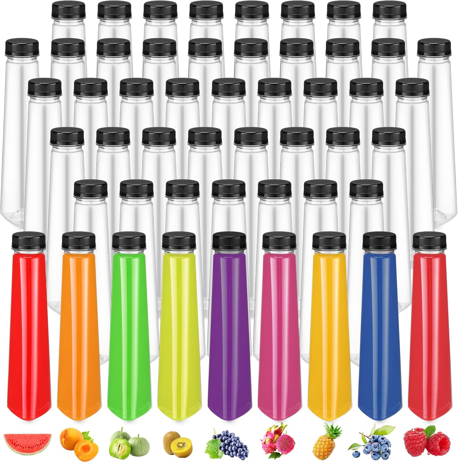 Tanlade 50 Pack 12oz Plastic Juice Bottles Clear Beverage Bottle with Tamper Evident Lids Empty Cone Fridge for Storing Homemade Juices, Milk, Water, Smoothies, Tea